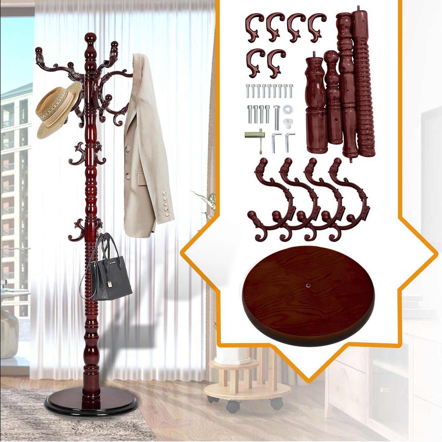 Hsohriif Wooden Coat Hanger Stand, Coat Rack Freestanding 18 Hooks, Mid Century Vintage Coat Tree for Entryway, Adjustable Height 73", Heavy Duty Coat stand for Home Bedroom, Office(Walnut)