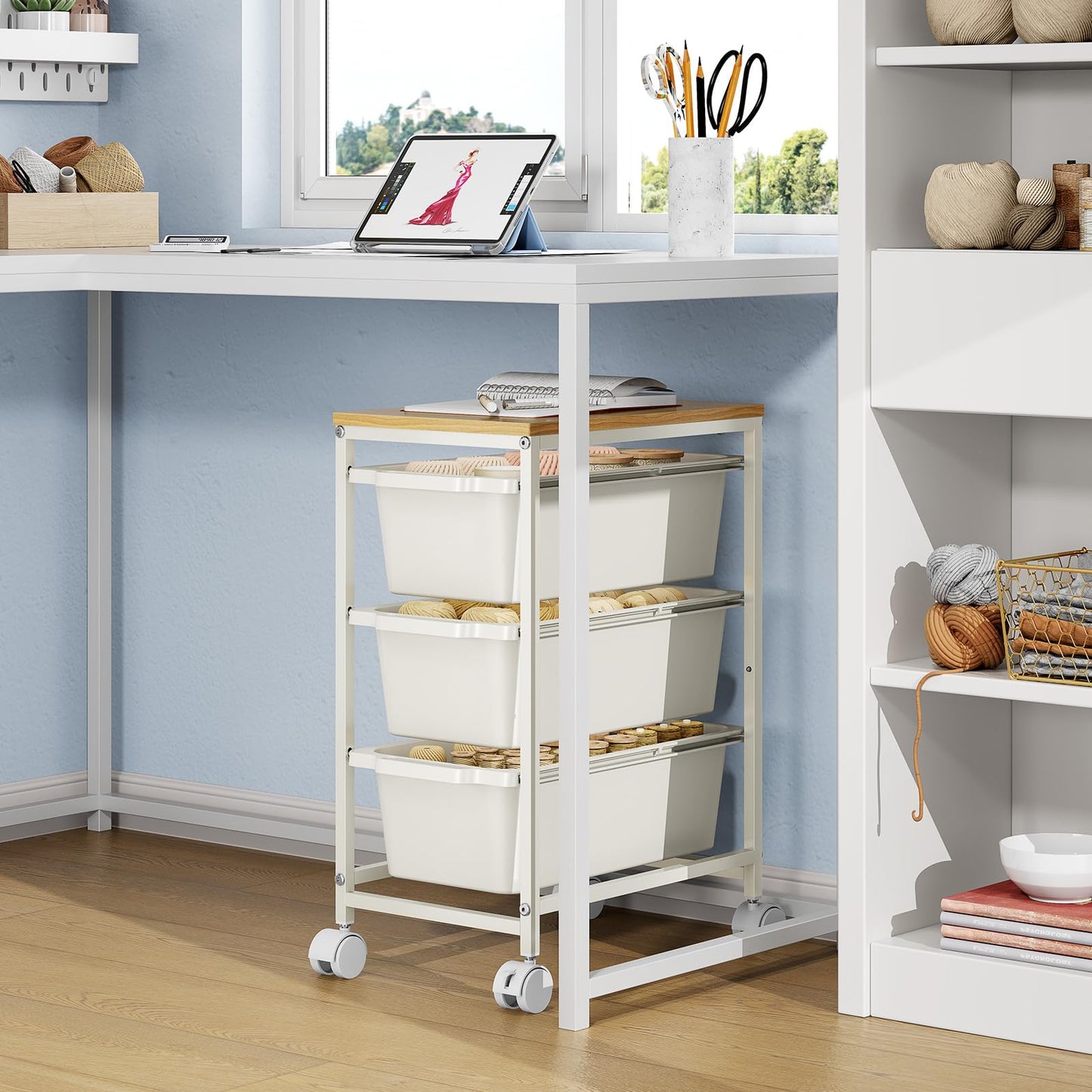 Slim Rolling Storage Cart with 3 Drawers, Craft Organizer, Wooden Tabletop Utility Cart for Bedroom, Children's Room and Office Organization, Under Desk Trolley with Lockable Wheels,White