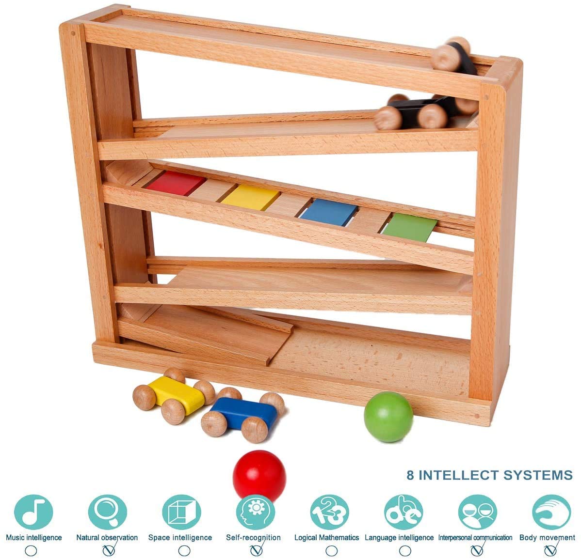 Wooden Ramp Racer. Race Track for Toddlers and 3 Wood Cars and 2 Balls,Toddler Toys for 1 2 3 Year Old Boy and Girl Gifts