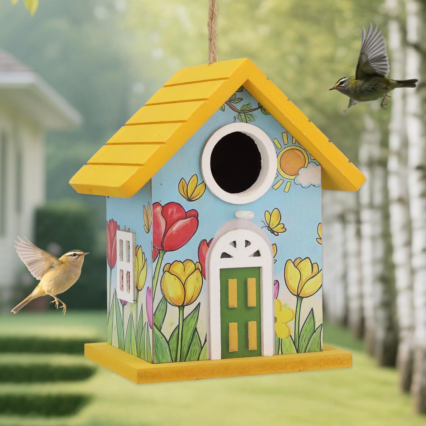 Wooden Bird Houses Bird House for Outside Yellow Wood Bird House for Outdoors,Handmade Painted Tulips Bird Houses for Garden Blue Bird Hummingbird Wren Cardinal Swallow Sparrow Finch Chickadee
