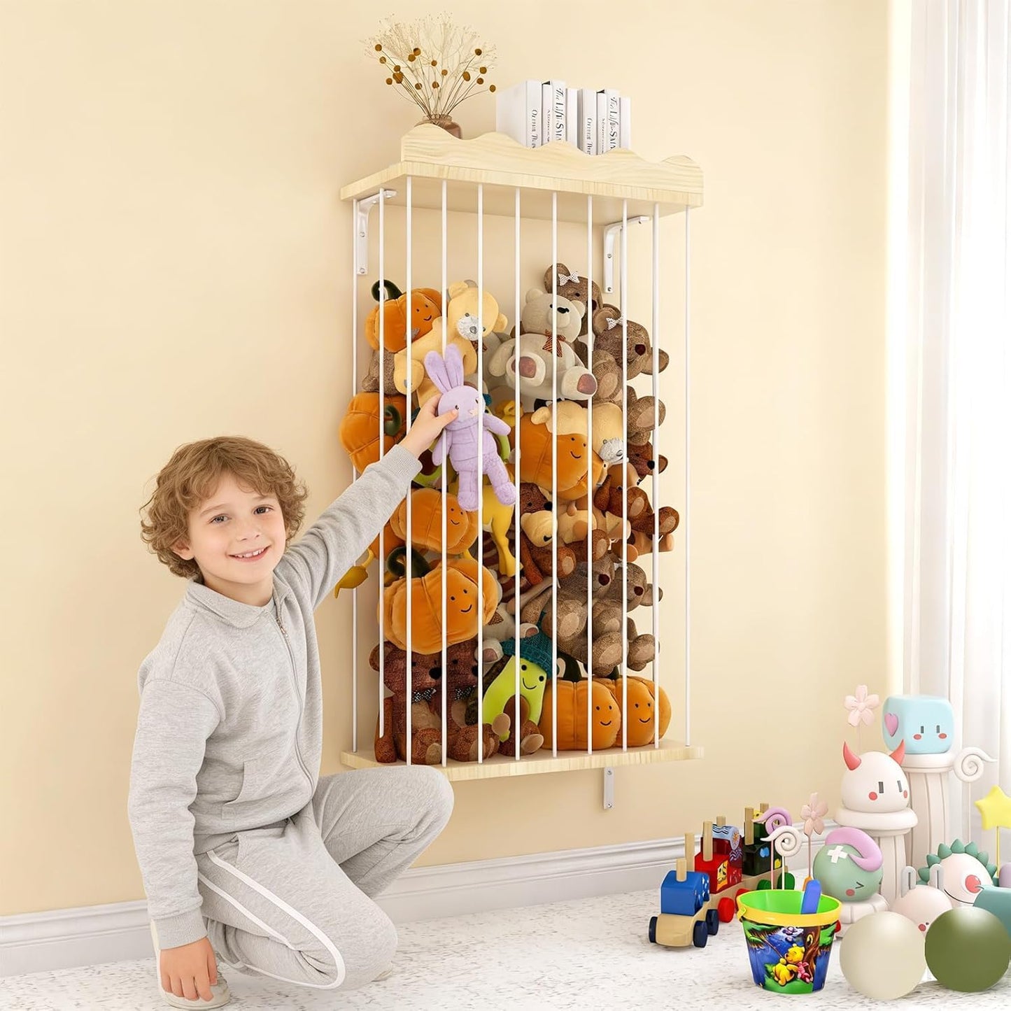 Sunifier Adjustable Stuffed Animal Storage with Shelf (Patented) - Large Wooden Hanging Plush Toy Organizer - Corner Stuffy Animals Hammock Net Holder for Kids Room, Nursery, Bedroom