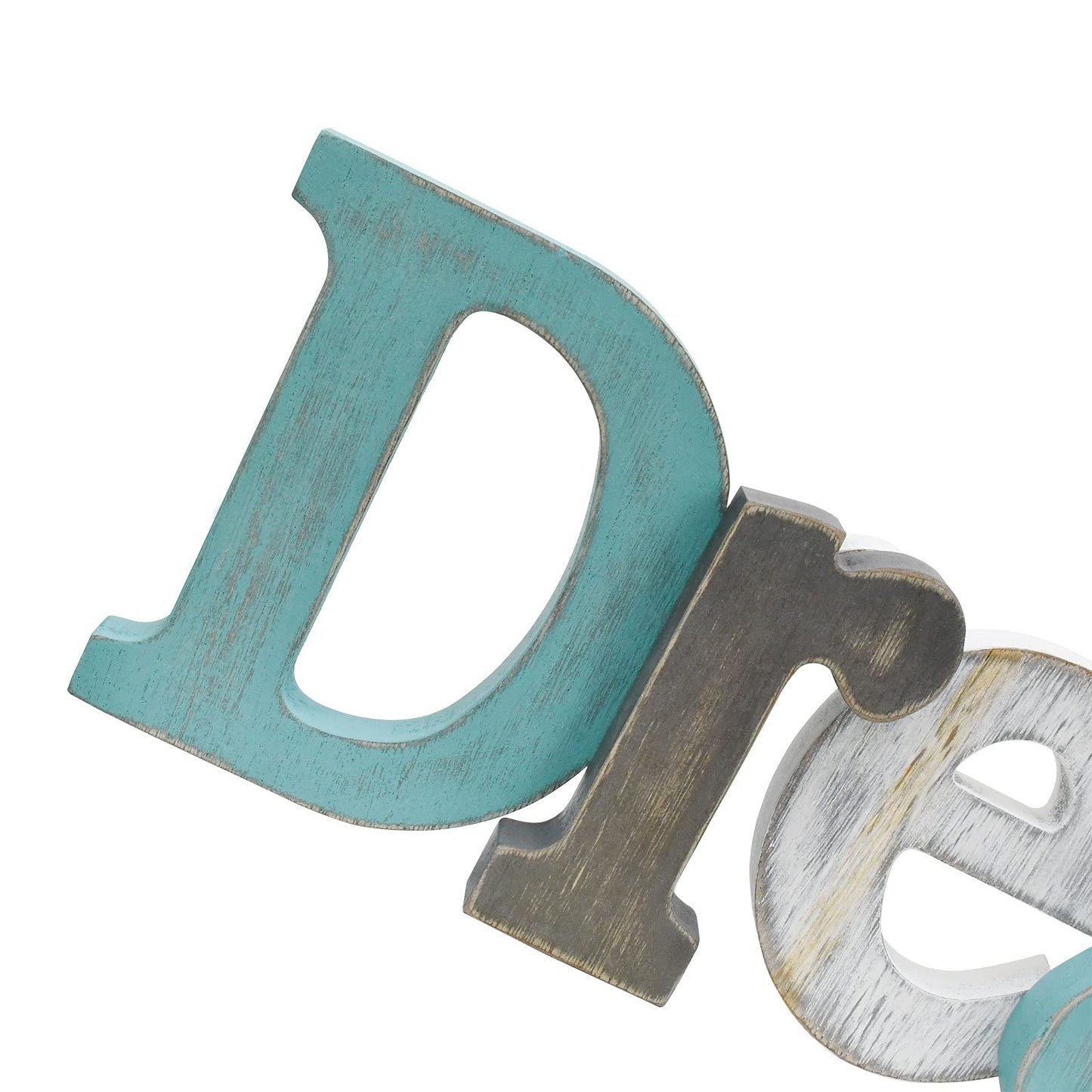 E-view Wooden Letters Sign Decorative Wood Block Signs Freestanding Word Cutout Distressed Teal Sign for Shelf Table Mantle Hanging Ornament Rustic Home Decor (Dream)