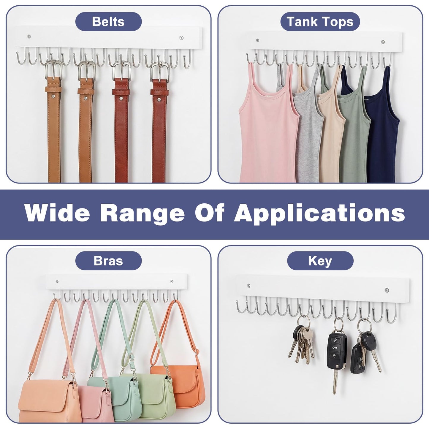 MAQUITA Jewelry Rack Wall Mount, 4 Pack Necklace Hooks with 56 Jewelry Hooks for Wall, Space-Saving Wooden Necklace Holder for Necklaces, Bracelets, Pendants, Earrings
