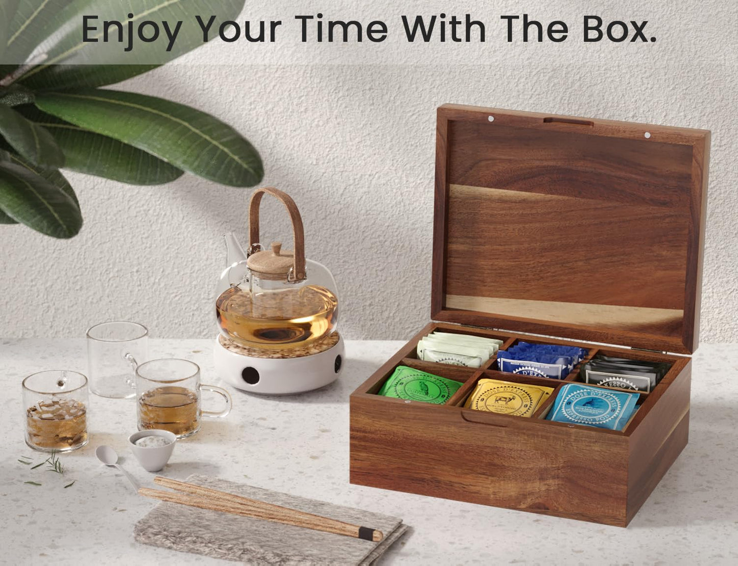 Danfoxer Acacia Wood Tea Bag Organizers, Tea and Sugar Packet Storage Chest with Lid, Wooden Teabag Holder Containers,Storage Box Teabox with 6 Compartments