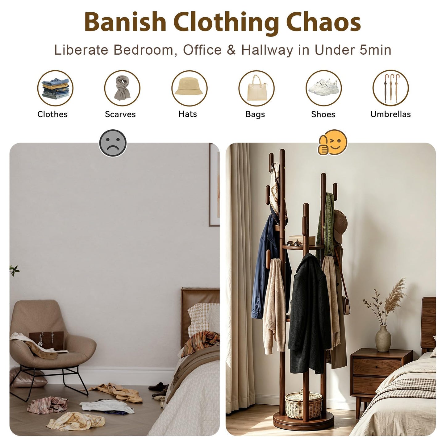 Wamhom Rotary Coat Rack Freestanding - Solid Wood Coat Tree with 9 hooks & 3 Storage Shelves for Purse, Bag, Jacket, Hat, Corner Hanger Stand Racks for Hall, Entryway, Office, Modern Clothes Holder