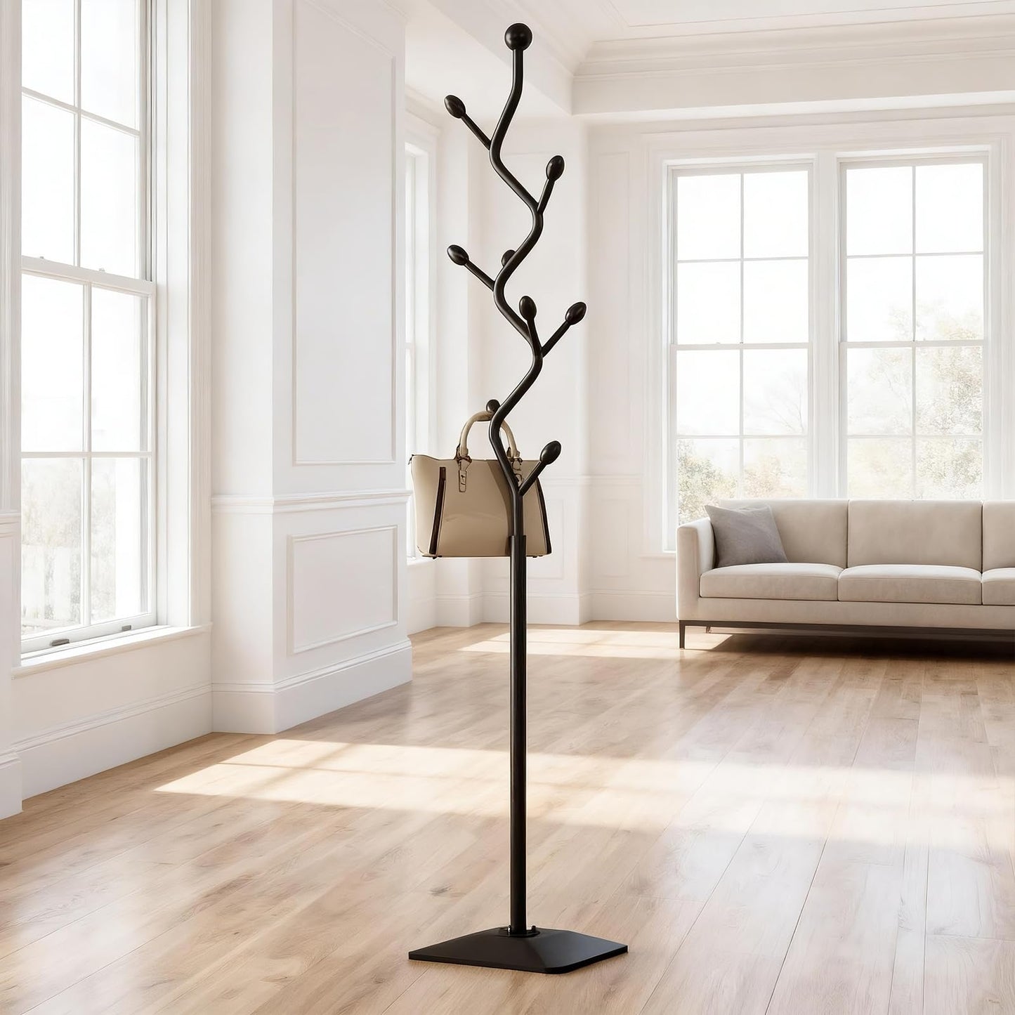 ZEYEXE Tree-shaped coat rack,Coat Tree Freestanding with 8 Hooks and Sturdy Metal Base for Coat Hats Purses,Coat Stand for Entryway,Bedroom