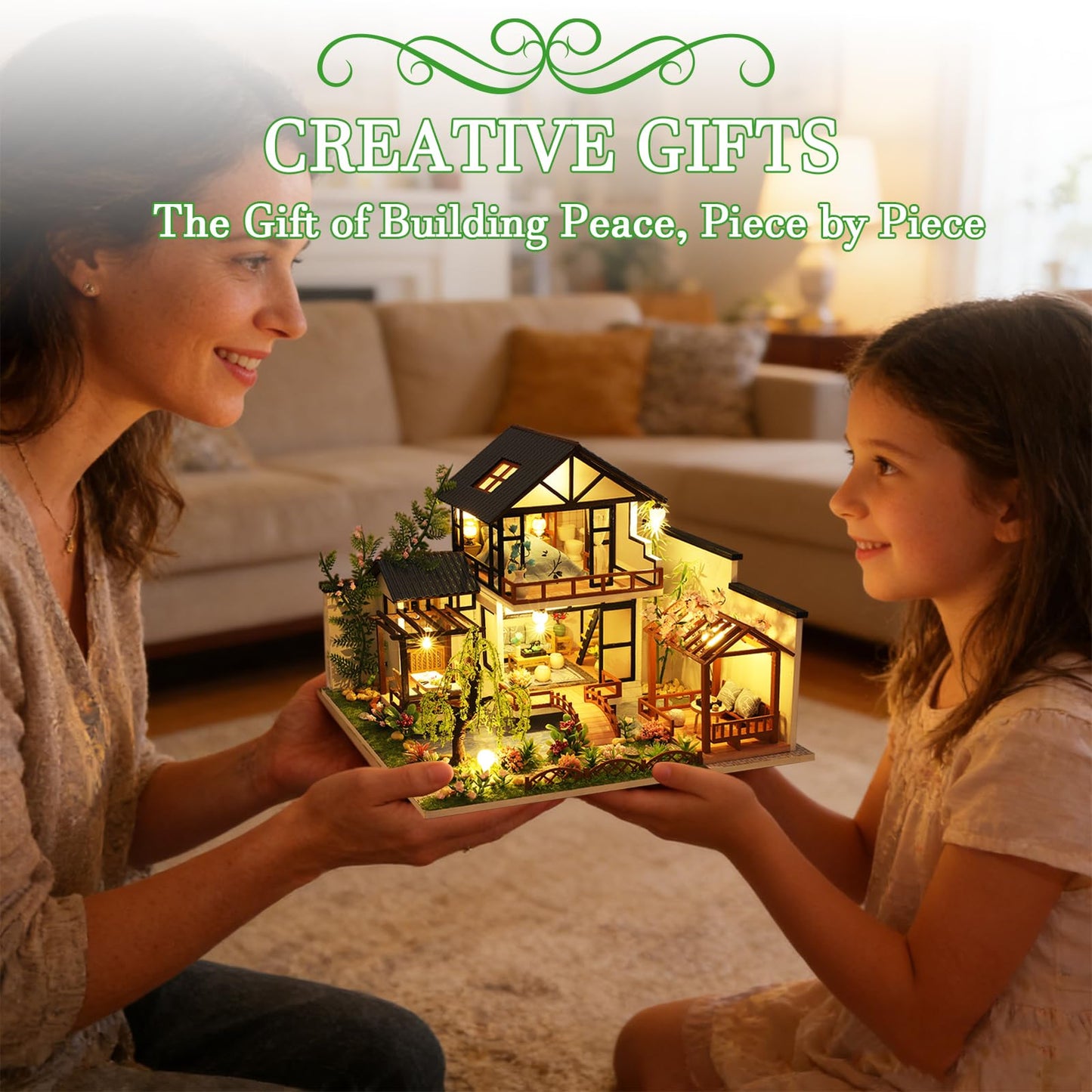 OZJAY DIY Miniature House Kit, Tiny House Kit with LED, DIY Wooden Dollhouse Miniature Kit for Adults Teen, Dollhouse Kit, Mini House Kit for Birthday Christmas Father's Day, Bamboo Stream Garden