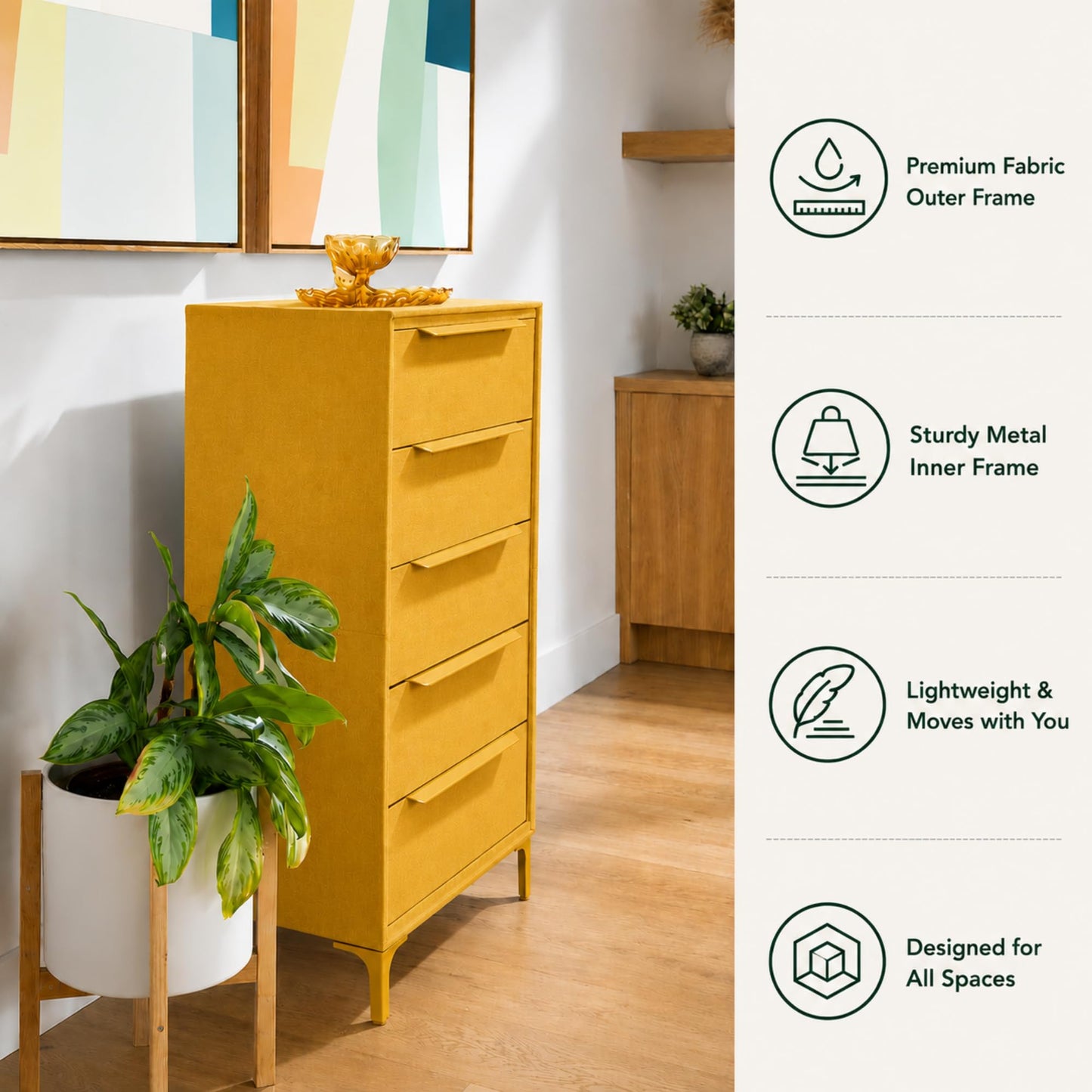 tinge Naima Premium Fabric Dresser - Strong Metal Frame, 5 Spacious Sag-Proof Drawers with Sleek Metal Handles - Premium & Durable Storage Solution for Your Home (Yellow)