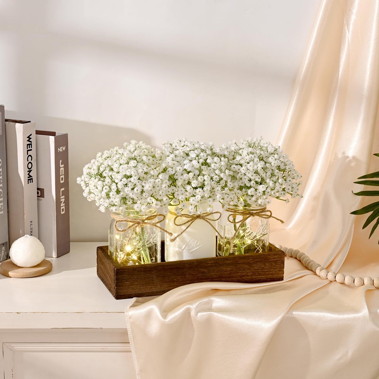BLEUM CADE Mason Jar Centerpiece Table Decorations, Lights Centerpiece for Kitchen Dining Table Farmhouse Coffee Table Wedding Home Decor with 3 Jars Babys Breath Artificial Flowers & Wood Tray