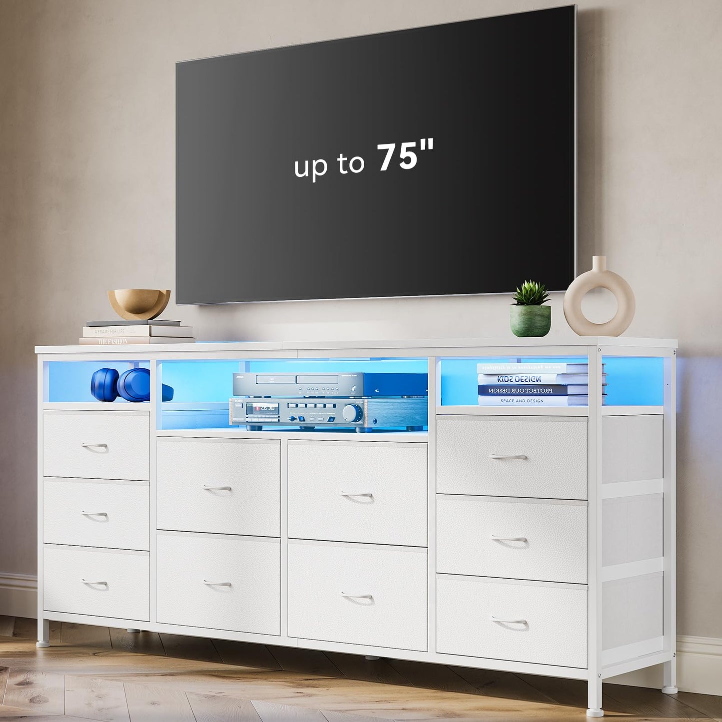 Garvee Dresser for Bedroom with LED Lights & Power Outlets, 63 Inch TV Stand Dressers for Bedroom with 10 Fabric Drawers, Entertainment Center with Open Storage Shelves for Entryway, White