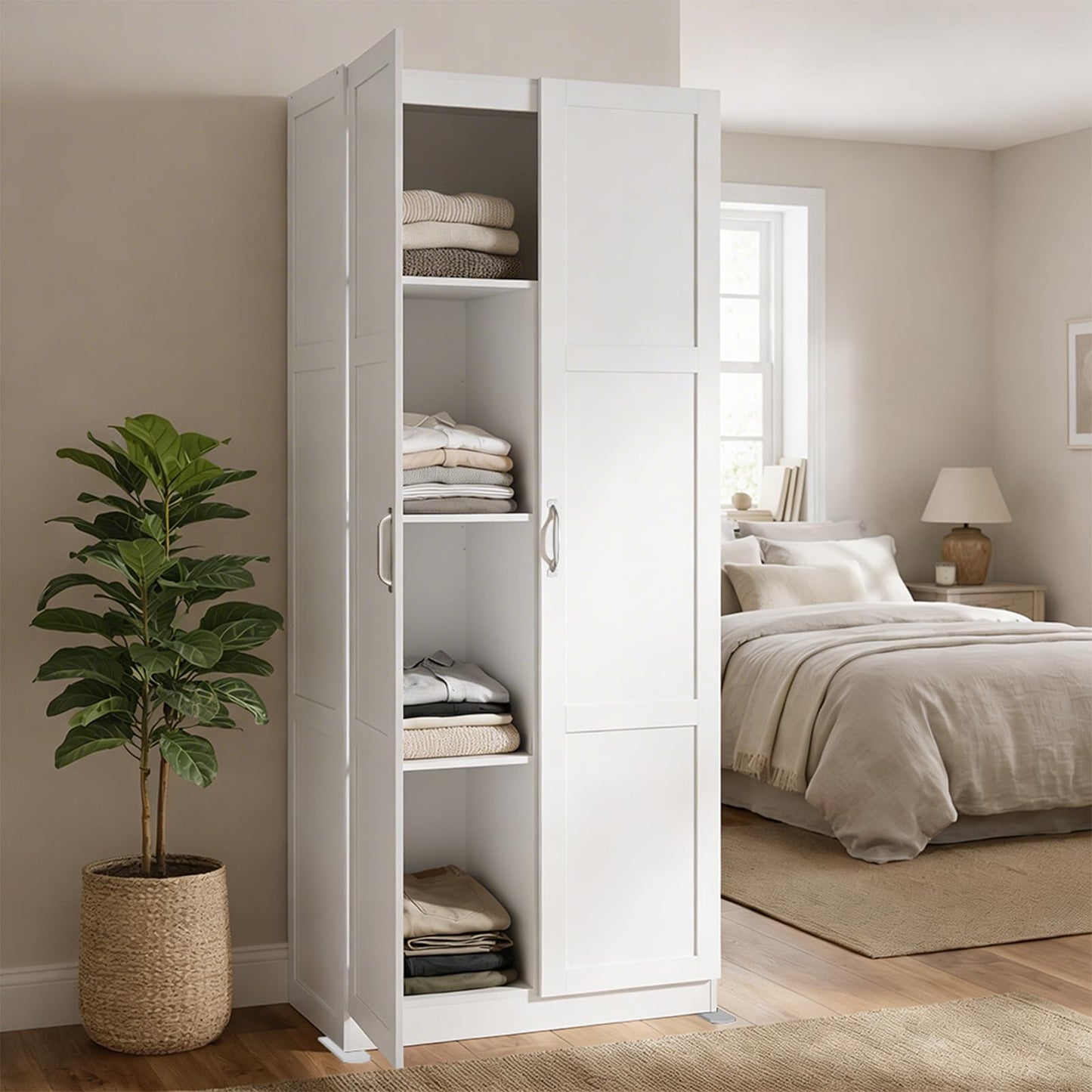 DUMOS Tall Storage Cabinet with Doors & Shelves, Large Capacity Organizer, Wooden Bedroom Storage Unit Suitable for Dining Room, Office and Study Rooms, White