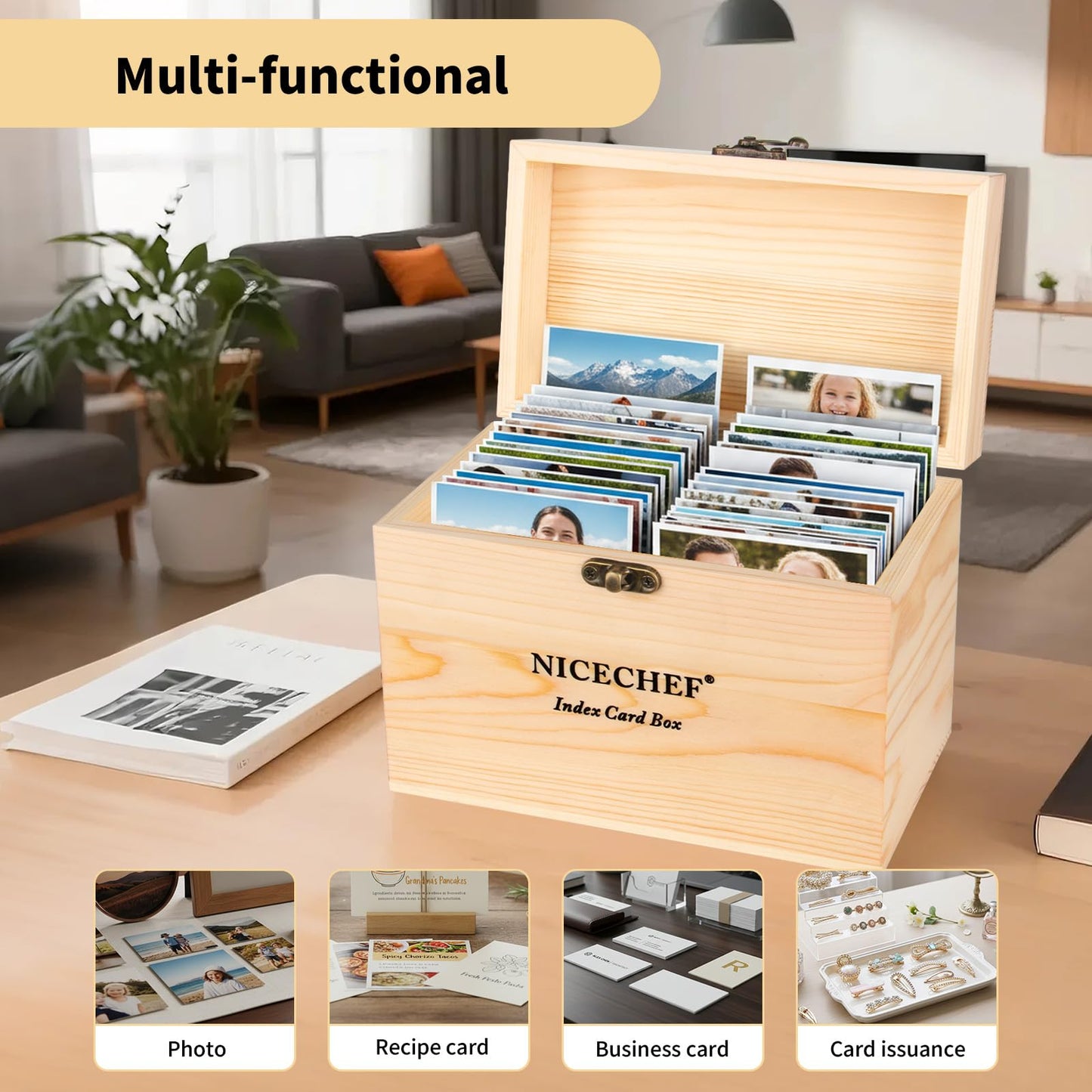 NICECHEF Index Card Holder 4x6, Wooden Recipe Box with 300 PCS Flash Cards Card Organizer,12 White Dividers, 6 Metal Rings, 2 Sticker, for Office, Business, Flashcard Notecard Holders for Home Office