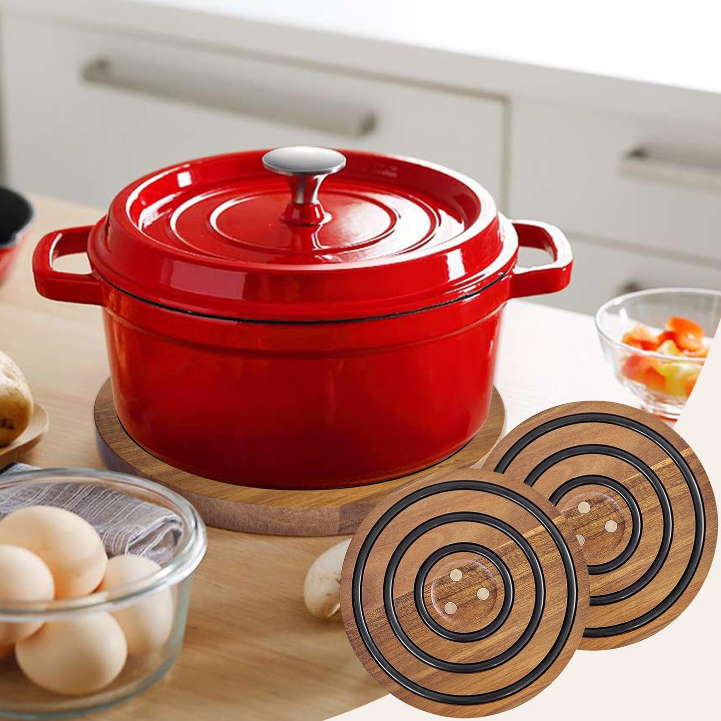 LAIAMER 2 PCS Magnetic Wooden Trivets for Hot Pots and Pans, Heat Resistant Acacia Wood Trivet with Cushioning Silicone Strips for Dutch Ovens Hot Dishes Pots Holder, for Mom Grandma