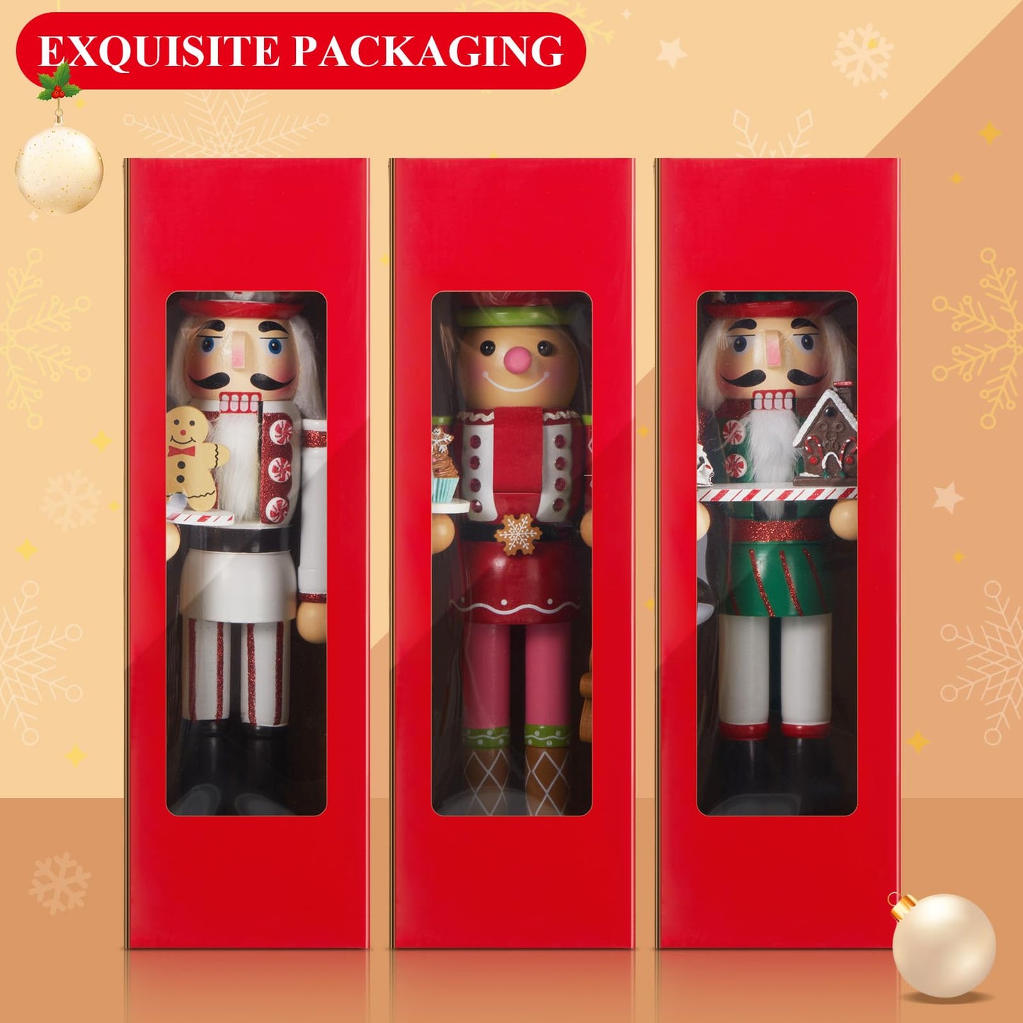 Geetery 3 Pcs Valentine Nutcracker Figures Decor 14 Inch Wood Pink Nutcracker Table Centerpiece Valentine Gift for Holiday Shelves Indoor Tabletop(Gingerbread Style)