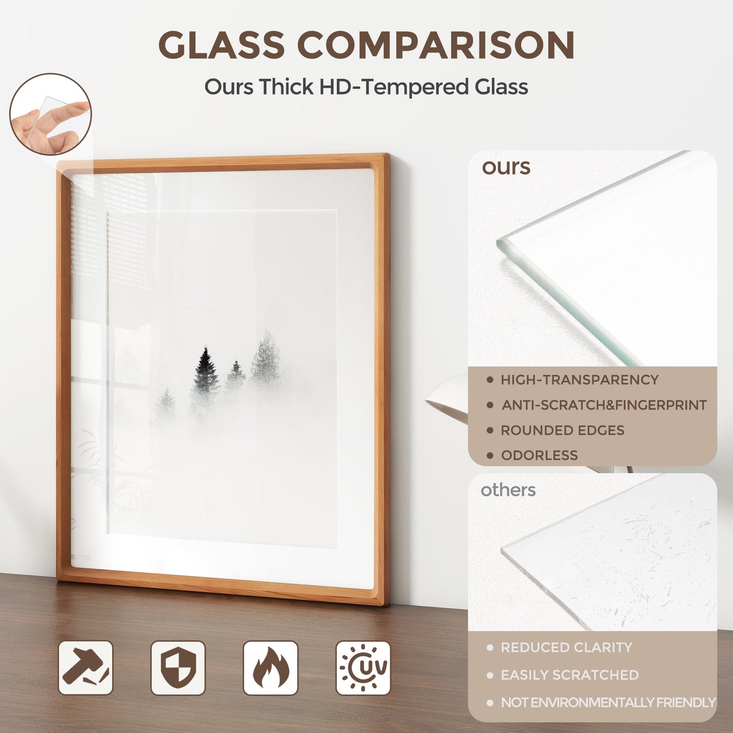 11x14 Picture Frame, USA-Sourced Natural Cherry Wood Photo Frame with Tempered Glass, Handcrafted Rounded Corner 11 x 14 Wooden Frame Matted to 8x10 Photos, Hanging Hooks Included