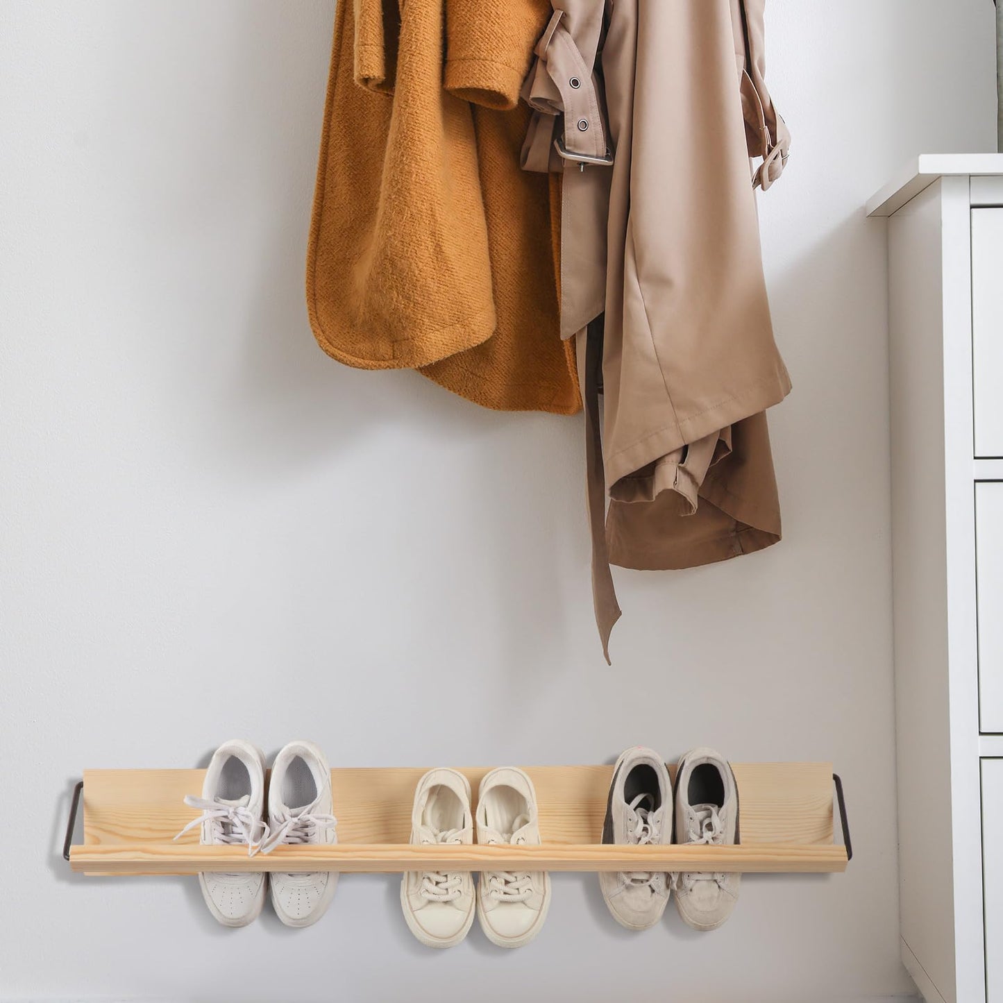 Mifoci 2 Pcs Wall Mounted Shoe Rack Organizer Wooden Modern Compact Wall Space Saving Shoe Holder Storage for Sneaker Footwear Slipper Boots Entryway Narrow Spaces Hallway(39.37'' Long)