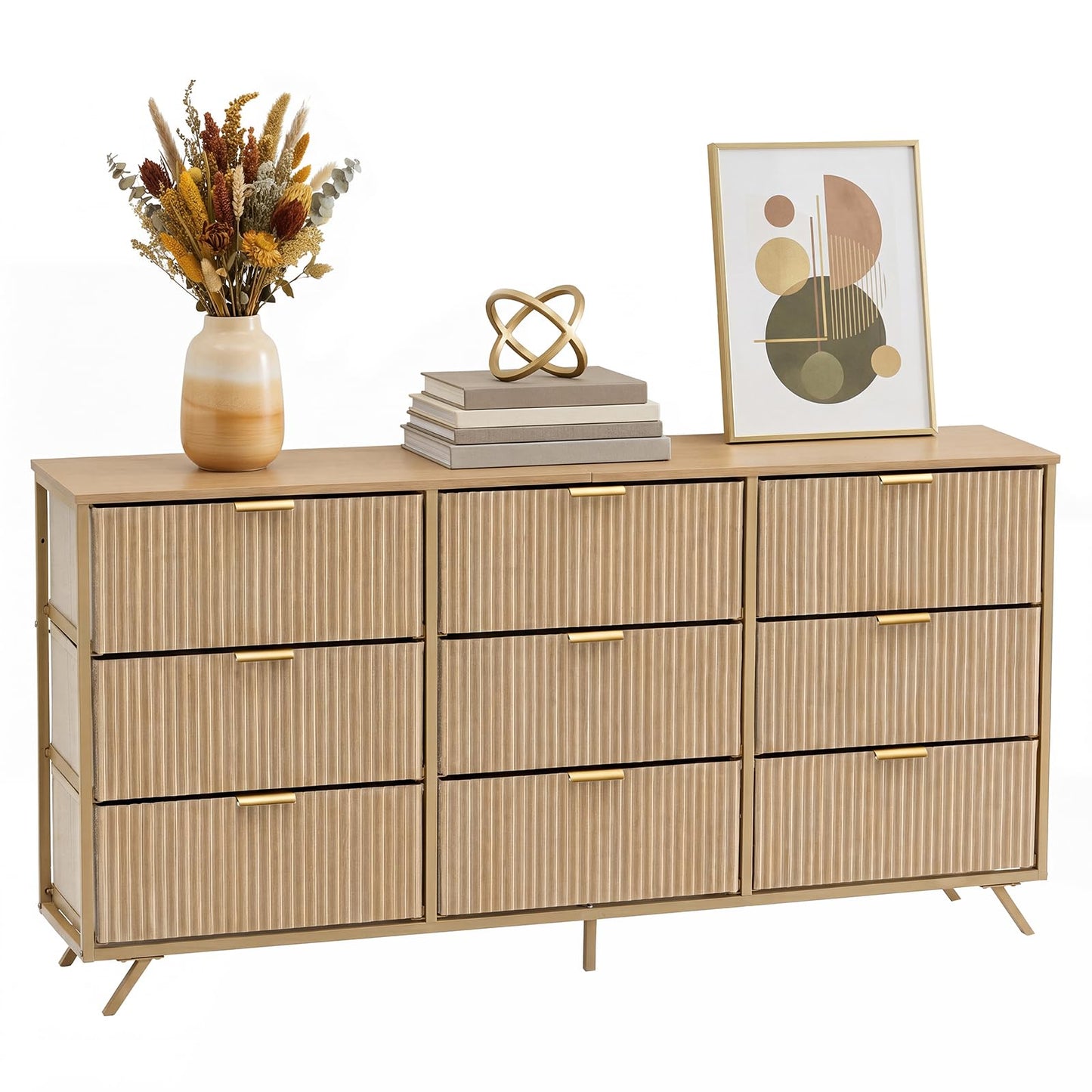 DUMOS Fabric Fluted Dresser,Chest of 9 Fabric Drawers for Bedroom, Large Dressers with Metal Frame & Wooden Top, Storage Organizer Closet for Living Room, Entryway, Oak