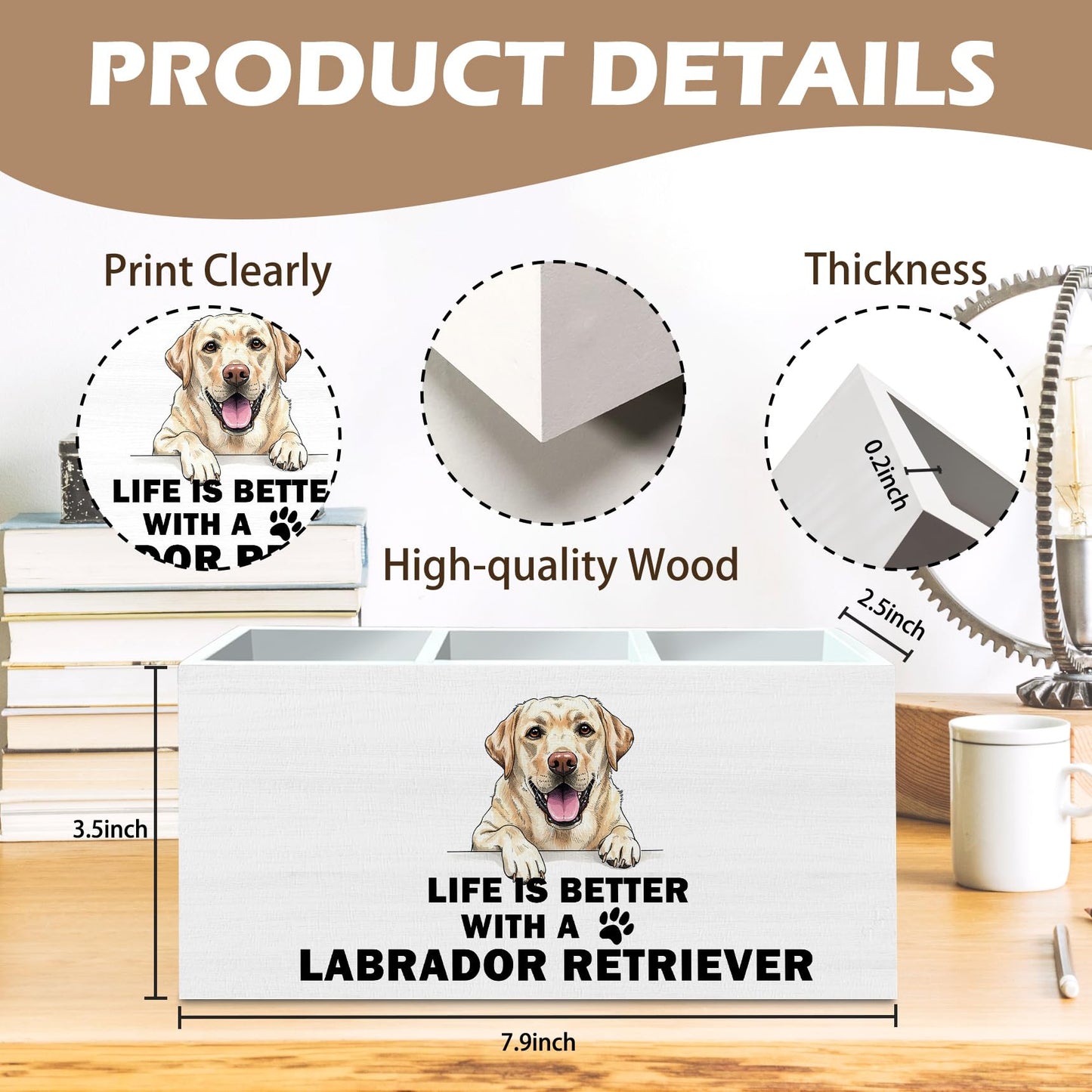DILSJ Labrador Retriever Gifts Pen Pencil Holder Organizer For Desk, Dog Mom Dad Lovers Gifts, Life Is Better With Labrador Retriever Wooden Box Signs For Home Office Desk Tabletop Decoration