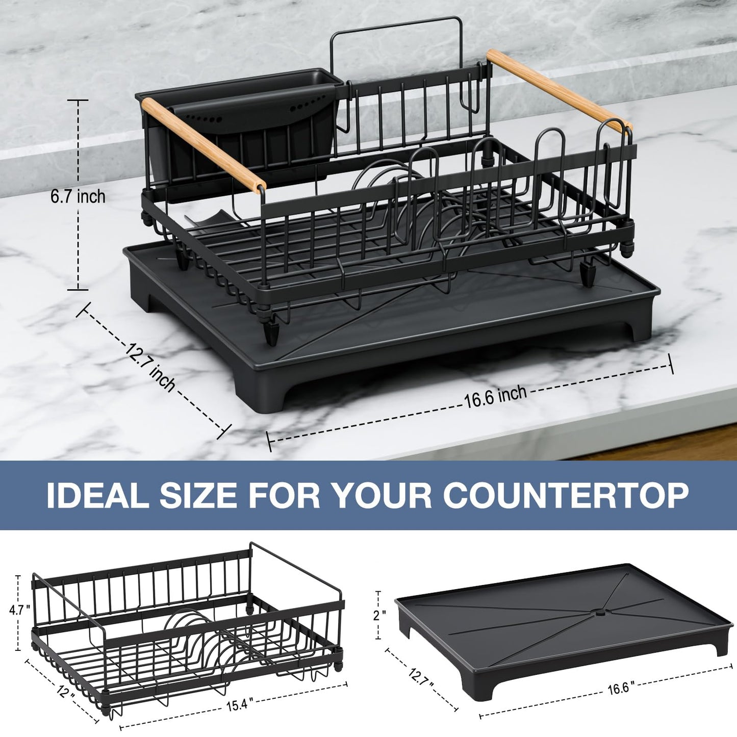 Dish Rack Lightweight & Space-Saving Drying Rack with Drainboard Large Capacity Anti-Rust Kitchen Counter Organizer with Cup, Utensil & Cutting Board Holders for Dishes, Bowels, Spoons and Forks