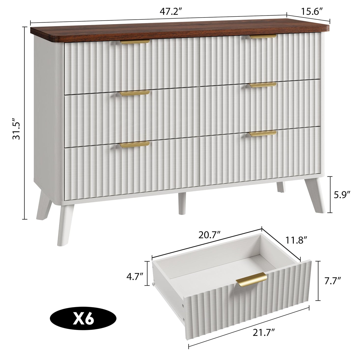GarveeHome Fluted Dresser for Bedroom with 6 Deep Drawers, 47.2" Wide Modern Chest of Drawers, Wooden Dresser TV Stand, Curved Profile Design, for Living Room, Kids Room, Hallway, White