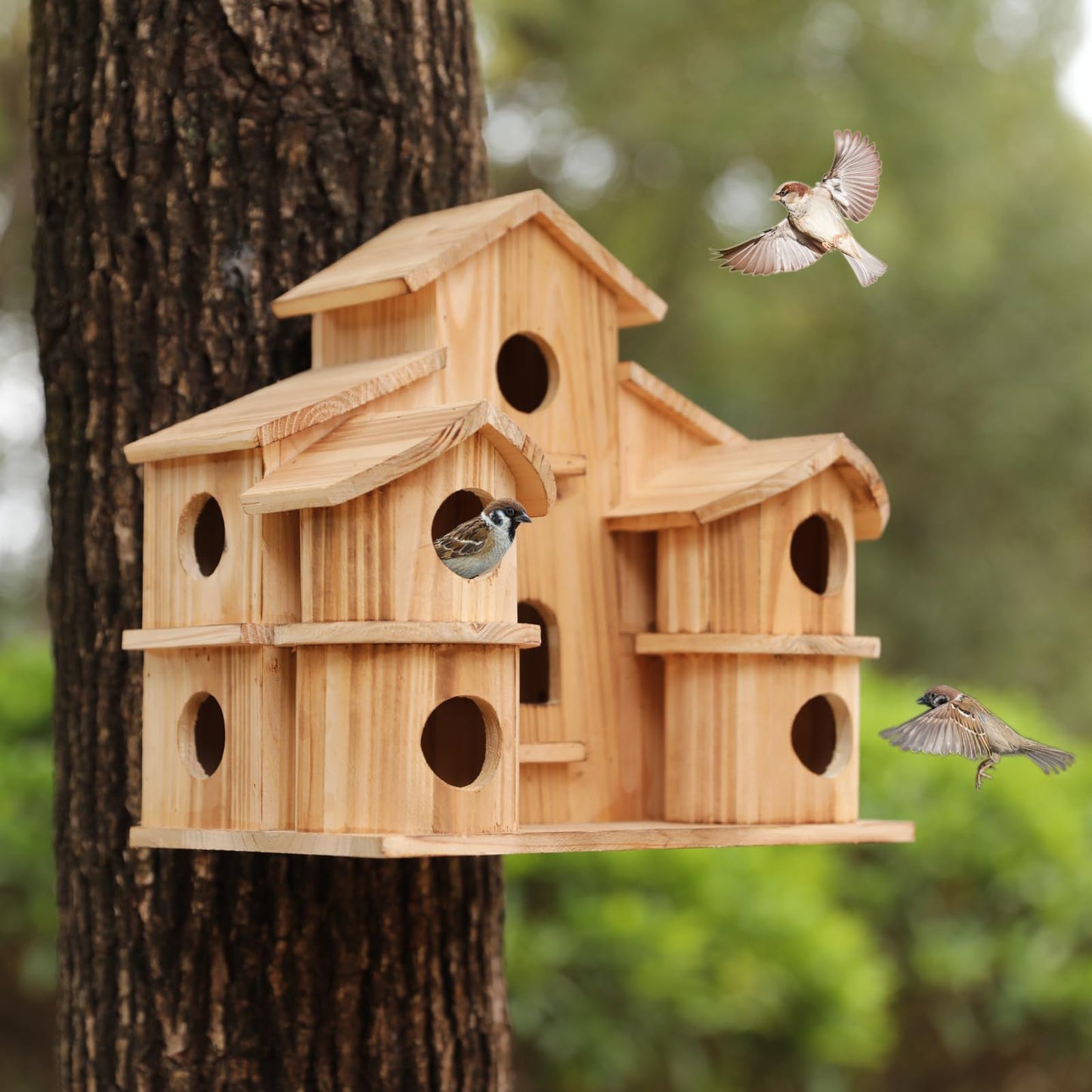 Bird Houses for Outside, Wooden 10 Hole Bird House for Multiple Birds, Hanging Birdhouse Nesting Box for Wren Finch Chickadee, Decorative Garden Bird Hotel