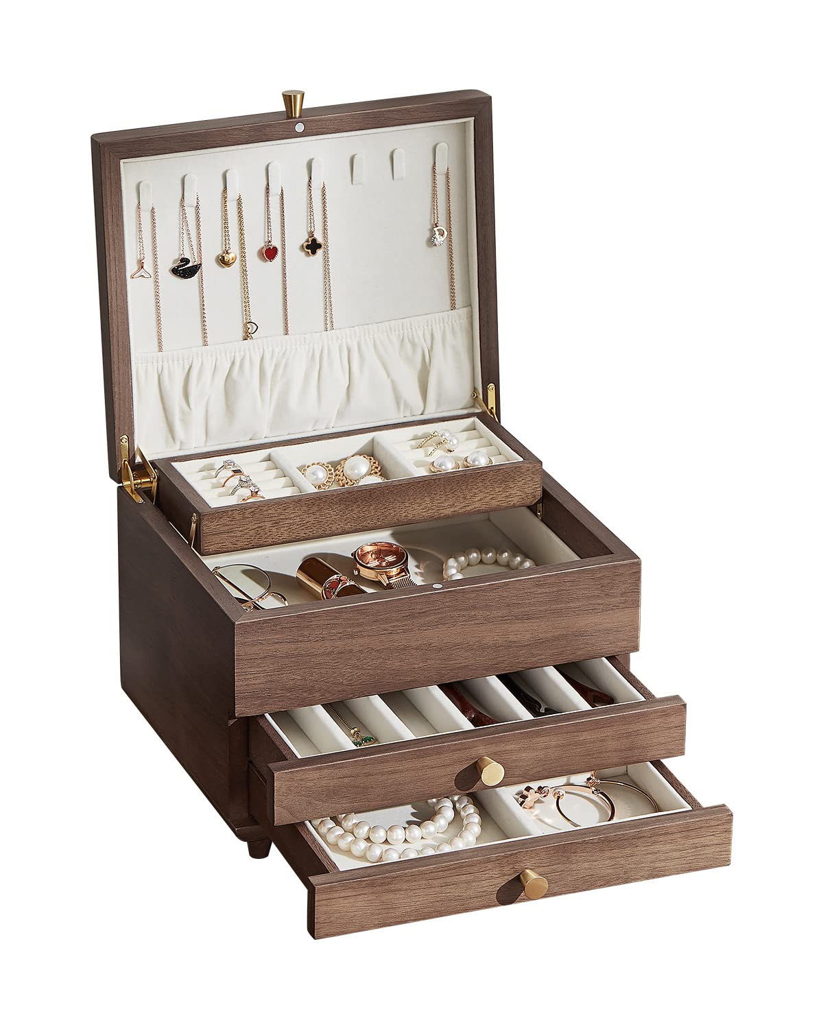 Homruilink Wooden Jewelry Box, 3 Layer Large Jewelry Organizer for Women, Jewelry Storage, for Necklaces Rings Earring Watches Bracelets, Black Walnut Wood, Fathers Day Gift