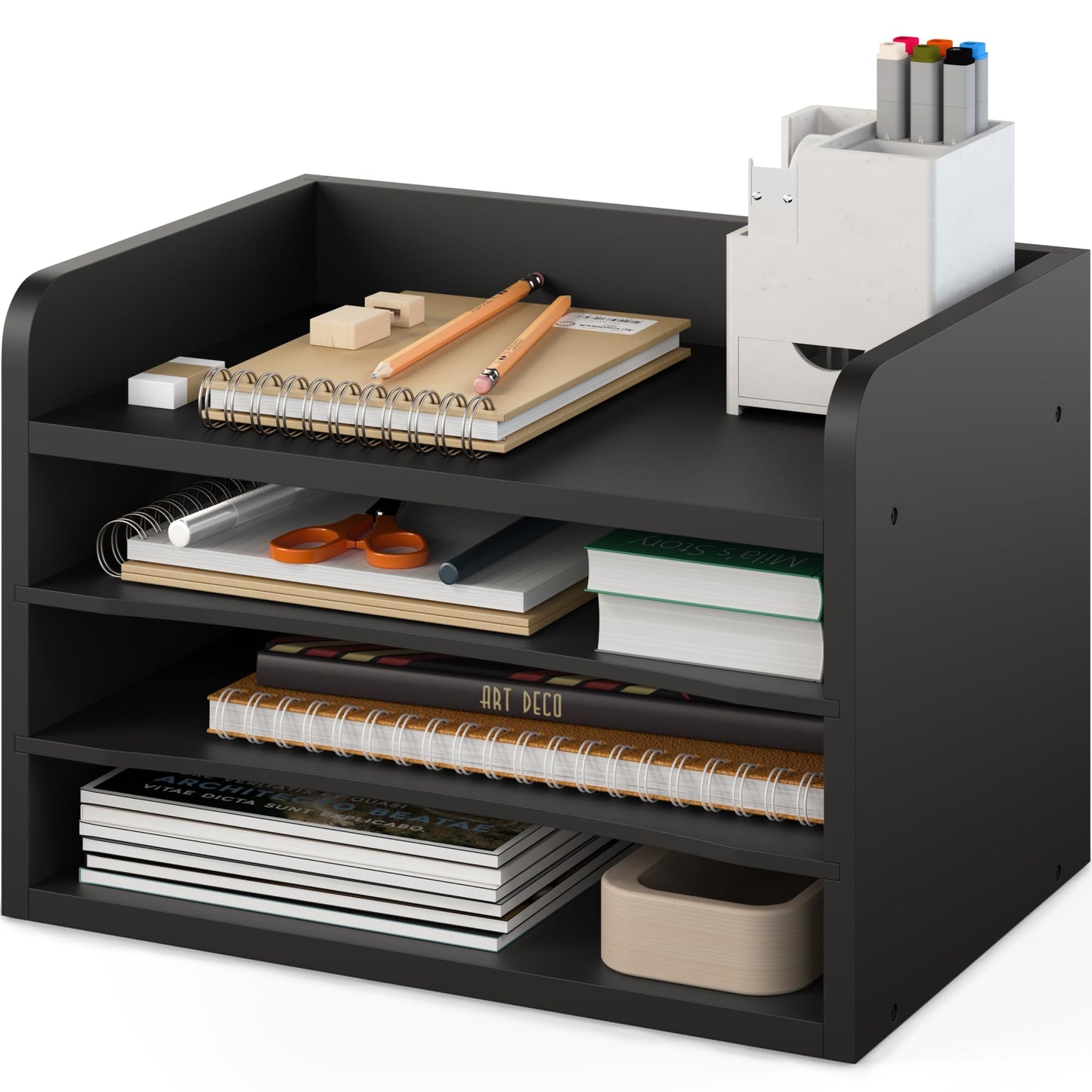 Ballucci File Organizer, 4-Tier Office Desk Organizer, Open Top Wood Paper Organizer for Classroom, Mail Sorter Paper Tray with Adjustable Storage Shelves, Black