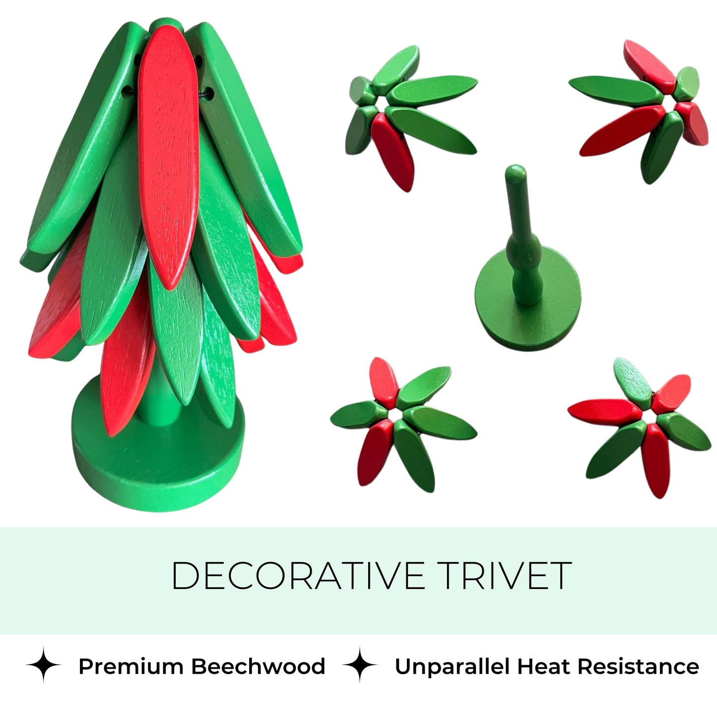 MERN Wooden Trivets for Hot Dishes, Hot Pots and Pans - Decorative Tree-Shaped 4 Foldable Beech Wood Mats + 1 Stand for Kitchen Countertops - Heat-Resistant Trivet Set - Christmas Kitchen Decor