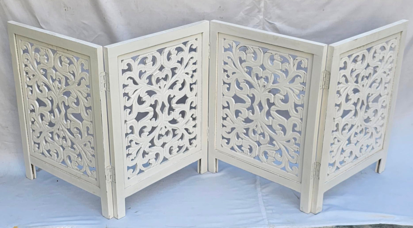 Free Standing Dog Gate – 4 Panel Foldable Wooden pet gate Indoor 72" W x 24" H, Hand-Carved Solid Wood & MDF, Portable Indoor Gate for Doorways, Halls, Stairs – Fully Assembled, Antique White