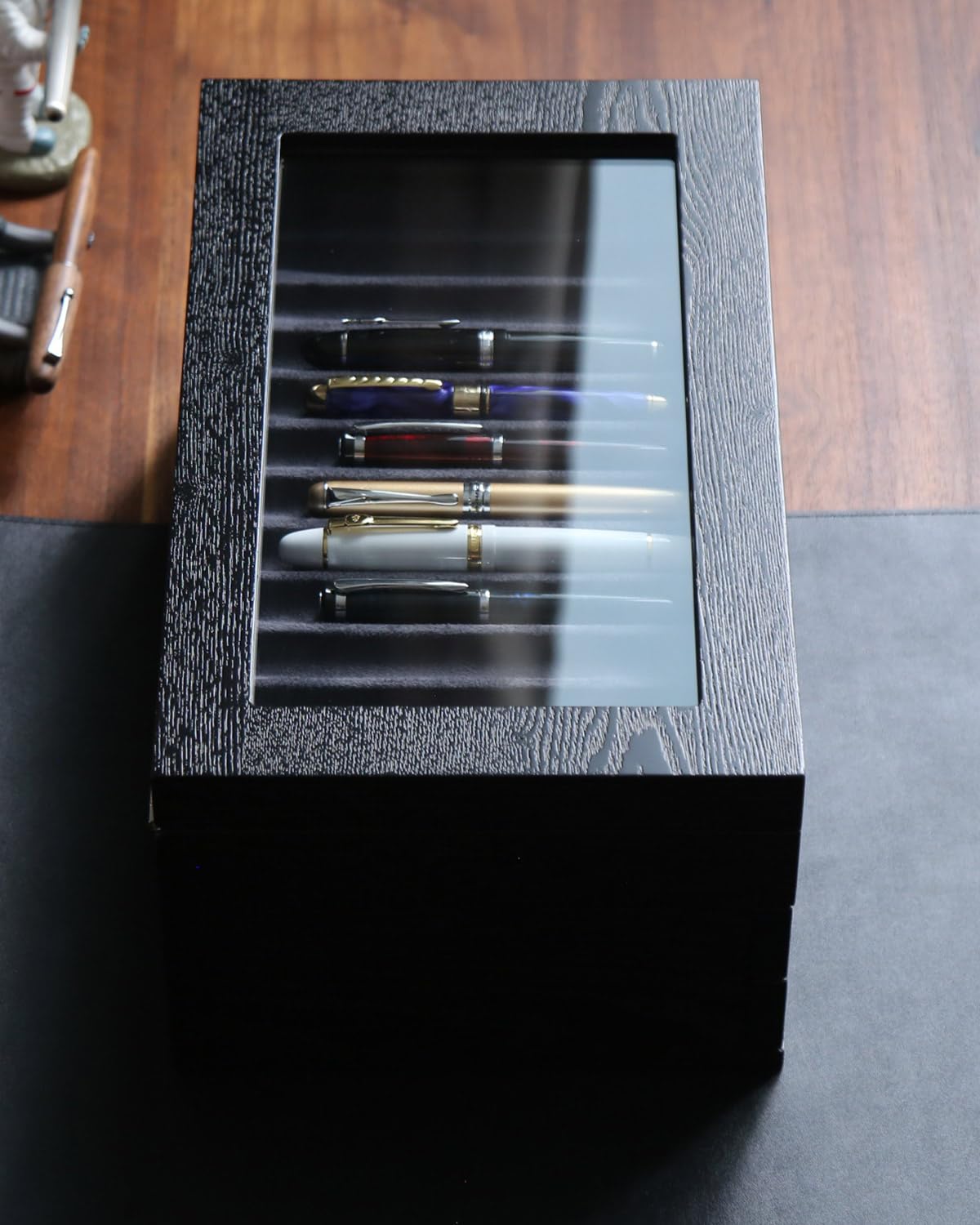 Besforu wood pen display case 36 slot Fountain pen Box storage Organizer with drawer, Top Glass Window Pen Collection Display Case