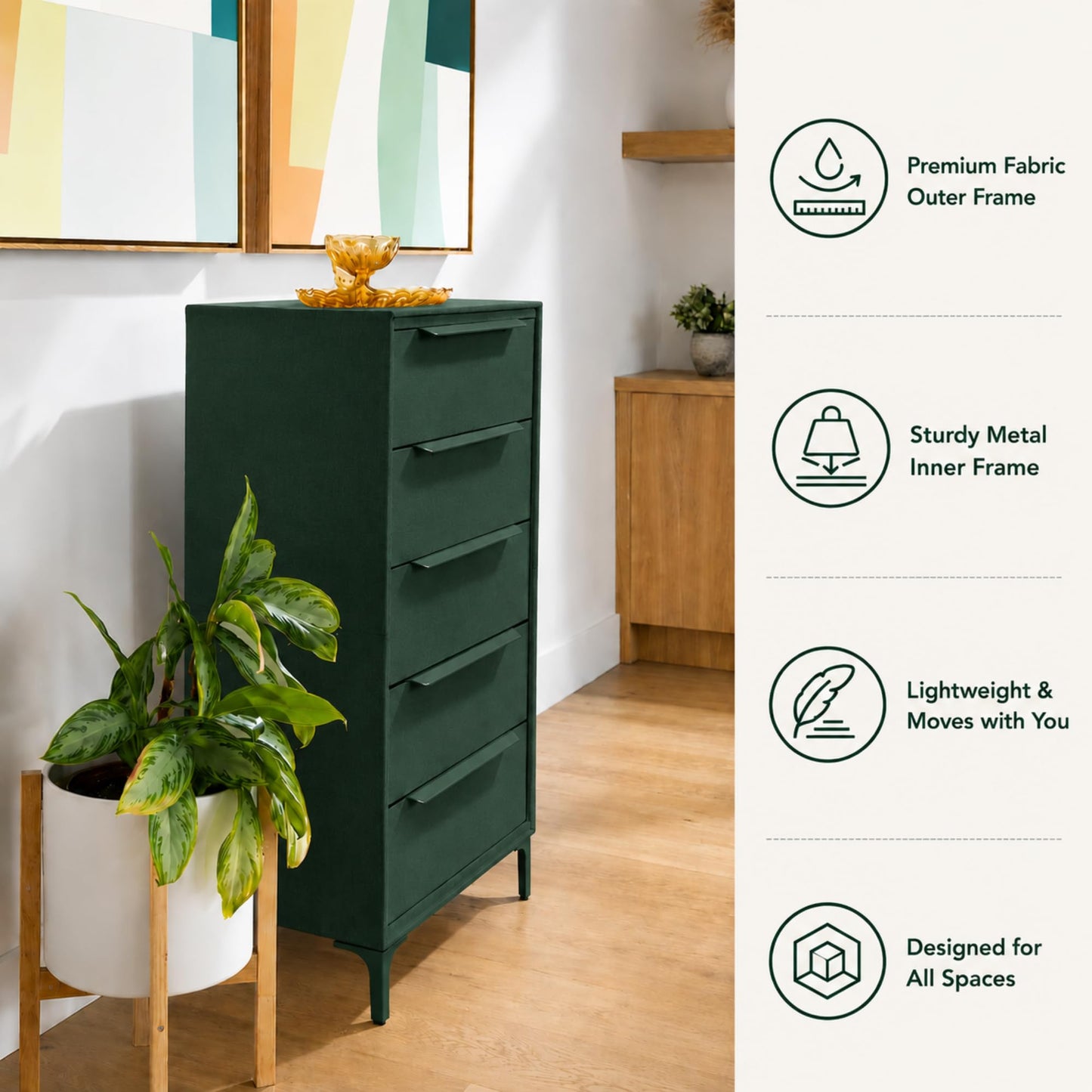 tinge Naima Premium Fabric Dresser - Strong Metal Frame, 5 Spacious Sag-Proof Drawers with Sleek Metal Handles - Premium & Durable Storage Solution for Your Home (Green)
