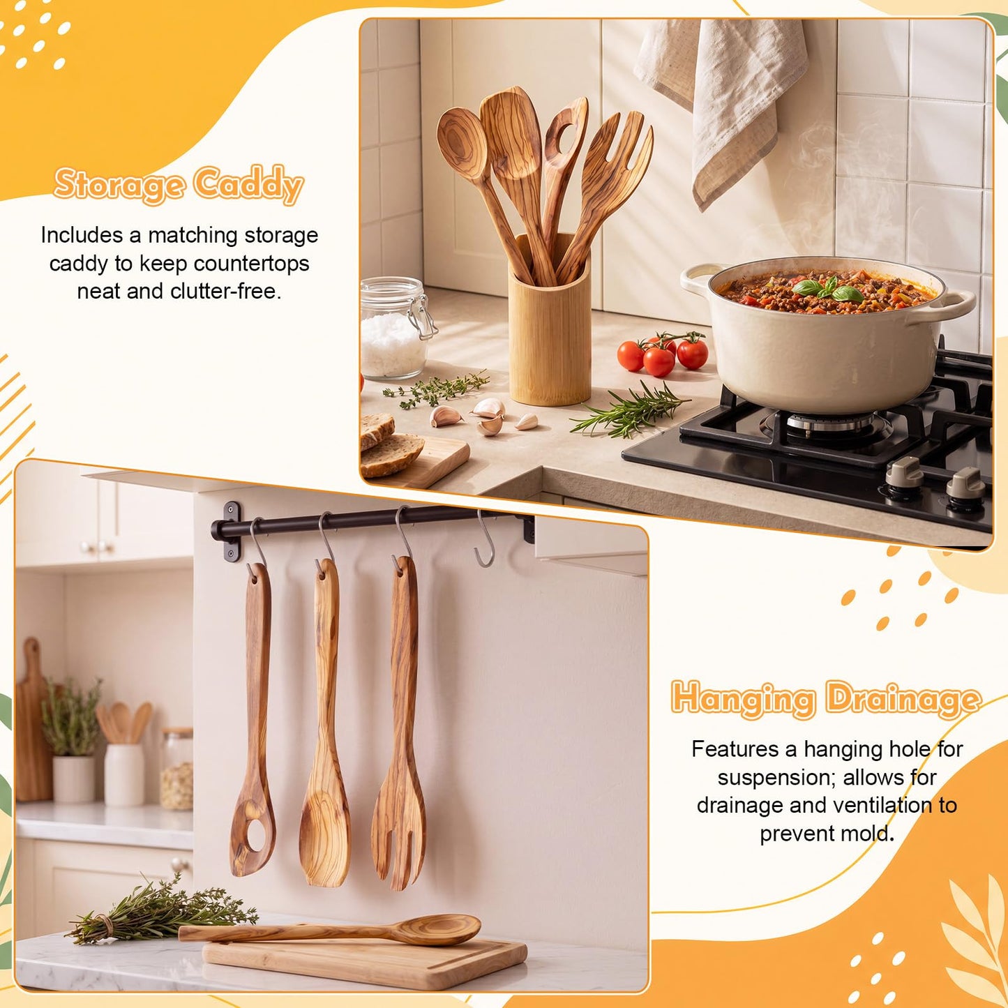 6 Pcs 12in Olive Wood Cooking Utensils Set Wooden Kitchen Utensil with Olive Spoons Spatulas Spoon Holder and Storage Container for Cooking Baking Meal Birthday Anniversary Housewarming Gifts