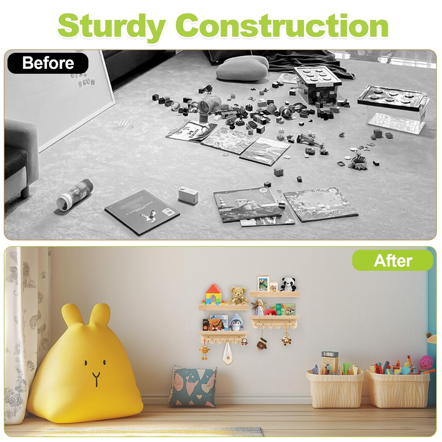 Varbonia Floating Nursery Book Shelves for Wall, 16'' Wood Book Shelf for Baby Boys Girls Bedroom Bathroom and Décor Storage, Wall Shelf for Books, Plants, Toys, Photo Frames (Wooden, 4 Pack)