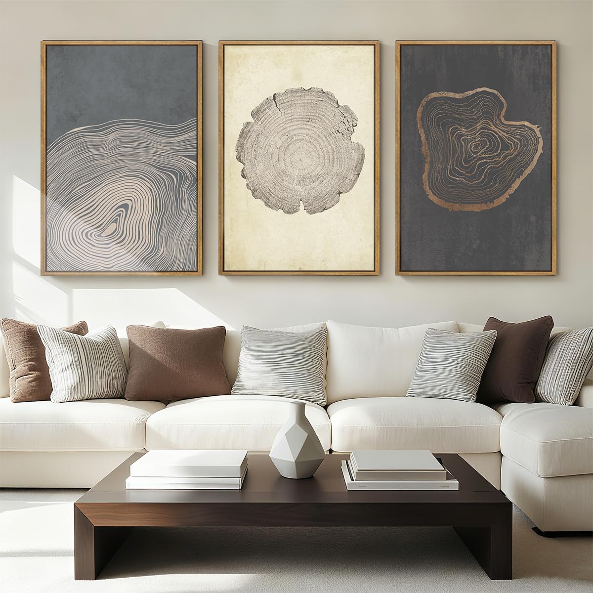 Anyzal Extra Large Neutral Tree Ring Framed Wall Art 24x36 Inch Modern Wood Ring Canvas Wall Decor Modern Minimalist Wood Artwork Set of 3 for Living Room Bedroom Dining Room