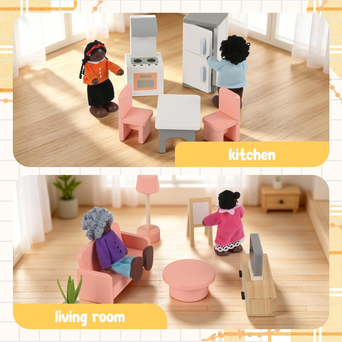 Wooden Dollhouse Furniture Set,Miniature Doll Furniture Accessories with 5 Rooms,for Kitchen, Living Room, Bedroom, Bathroom, Babyroom,Pretend Play Furniture for Toddlers 3 4 5 6 Years Old