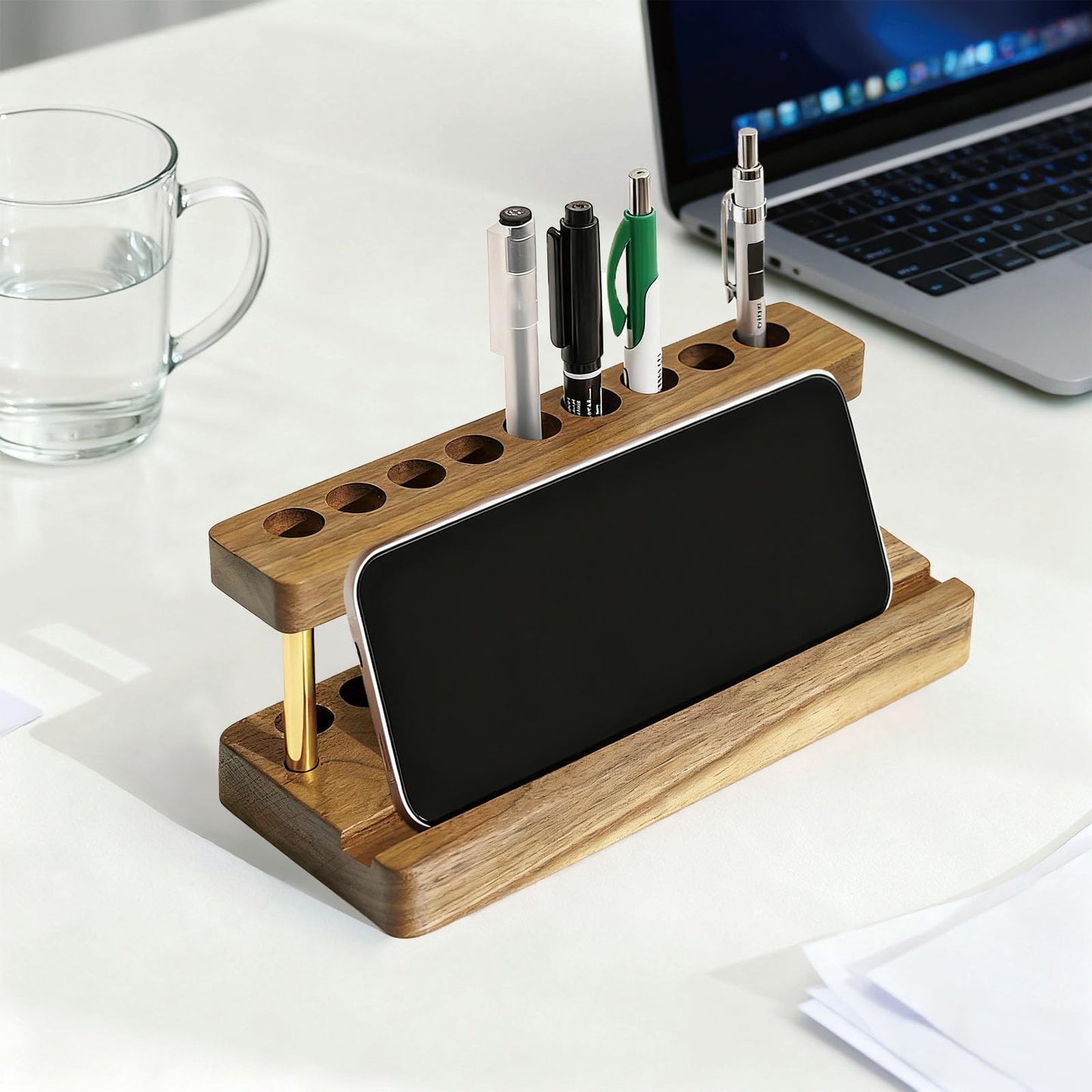 VOVCIG Multifunctional Wood Pen Holder for Desk,Fountain Pen Stand with 9 Slots and Phone Holder,for Office and Home Desk Decor