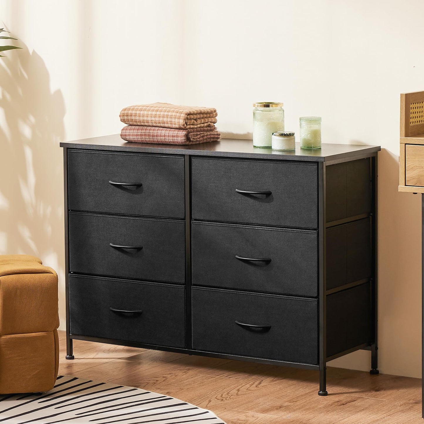 DUMOS Black Bedroom Dresser for Closet, Fabric Dresser, Chest of 6 Drawers