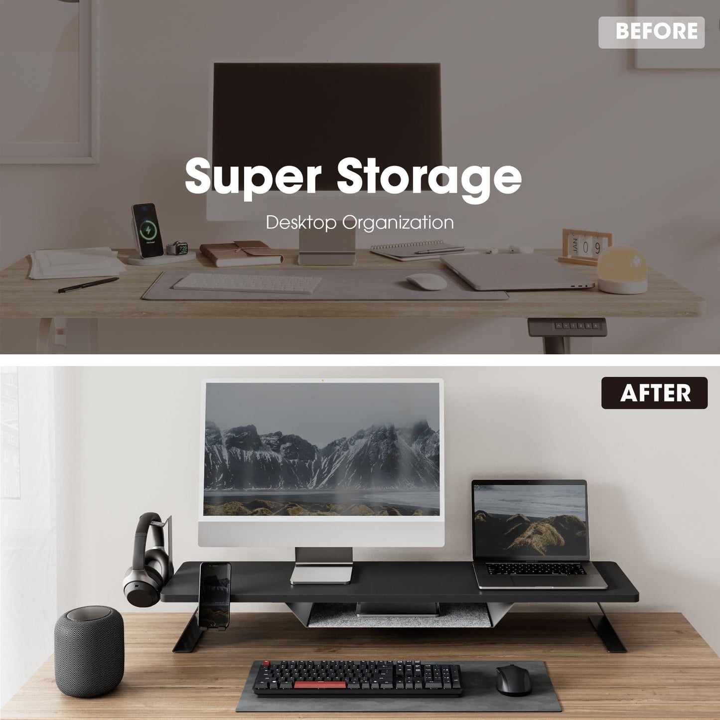 Fenge Dual Monitor Stand, 42.5 Inch Monitor Riser for Desk, Wood Desk Shelf for 2 Monitors, 2 Tier Monitor Shelf with Headphone Stand & Phone Holder