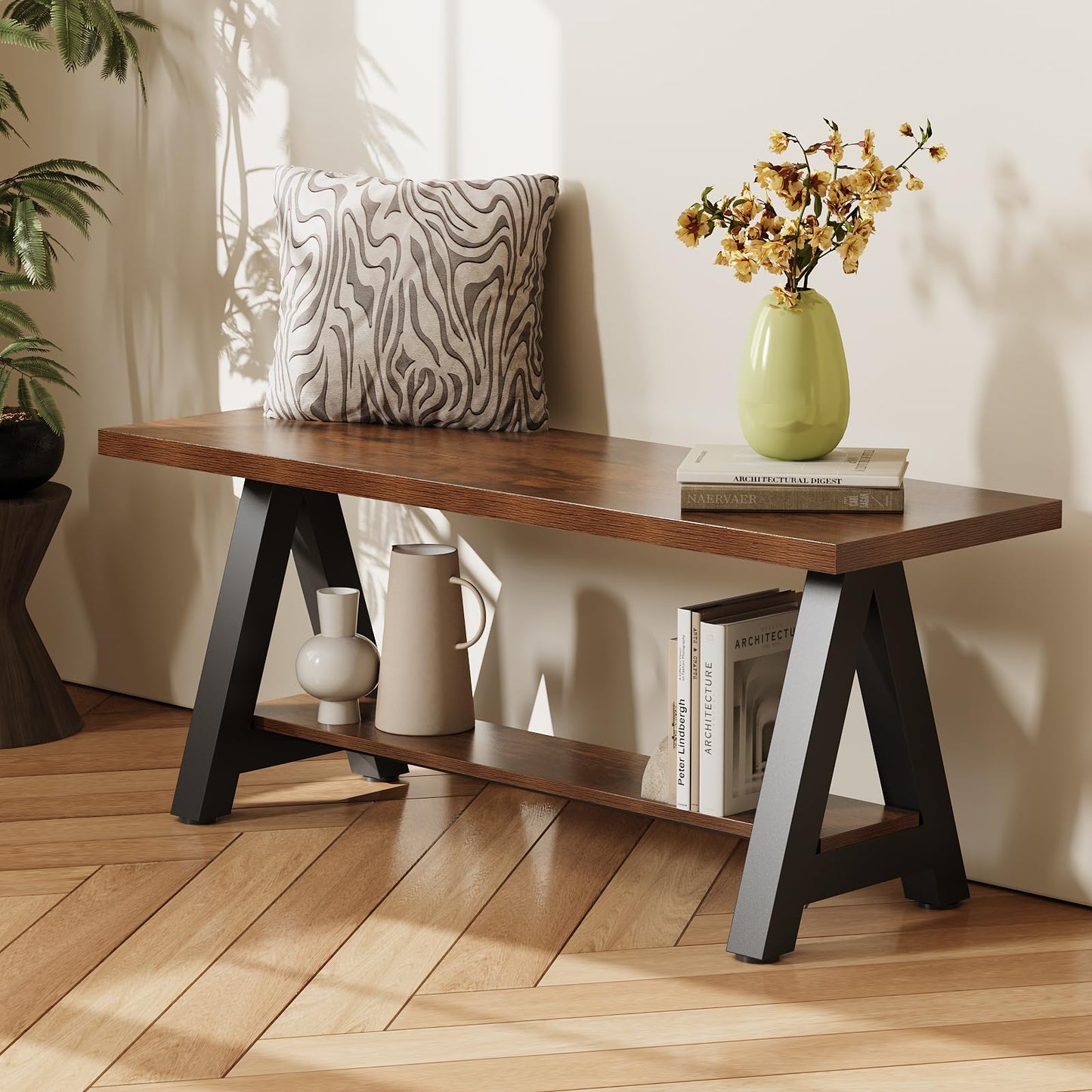 Welfuturer 43" Farmhouse Wood Bench Industrial Entryway Bench Rustic Wood and Metal Shoe Storage Bench for Entryway, Living Room, Dining Room