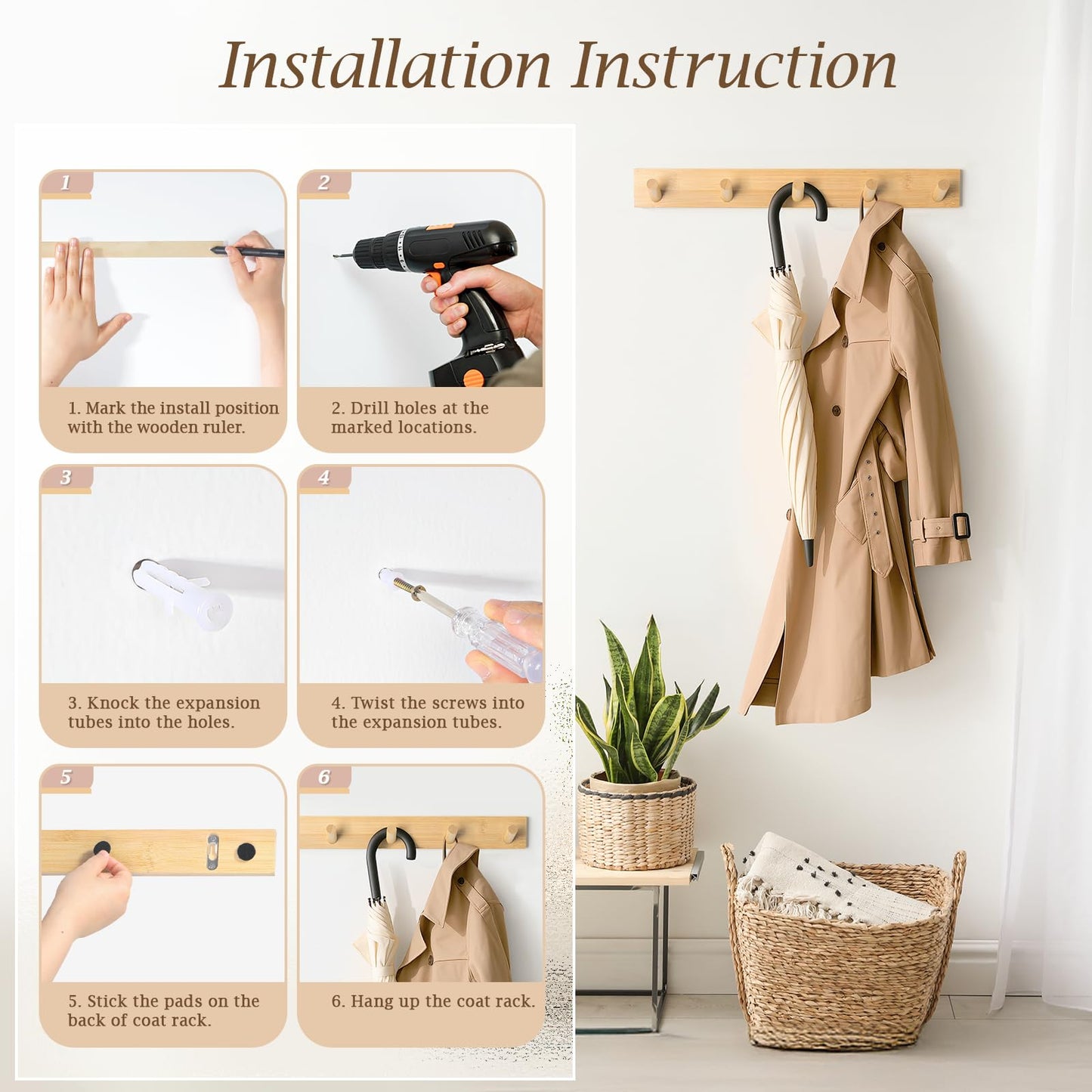 HOMEBROS Coat Rack Wall Mount, Wooden Coat Hanger with 5 Hooks, Heavy Duty, Natural, 2 Pcs