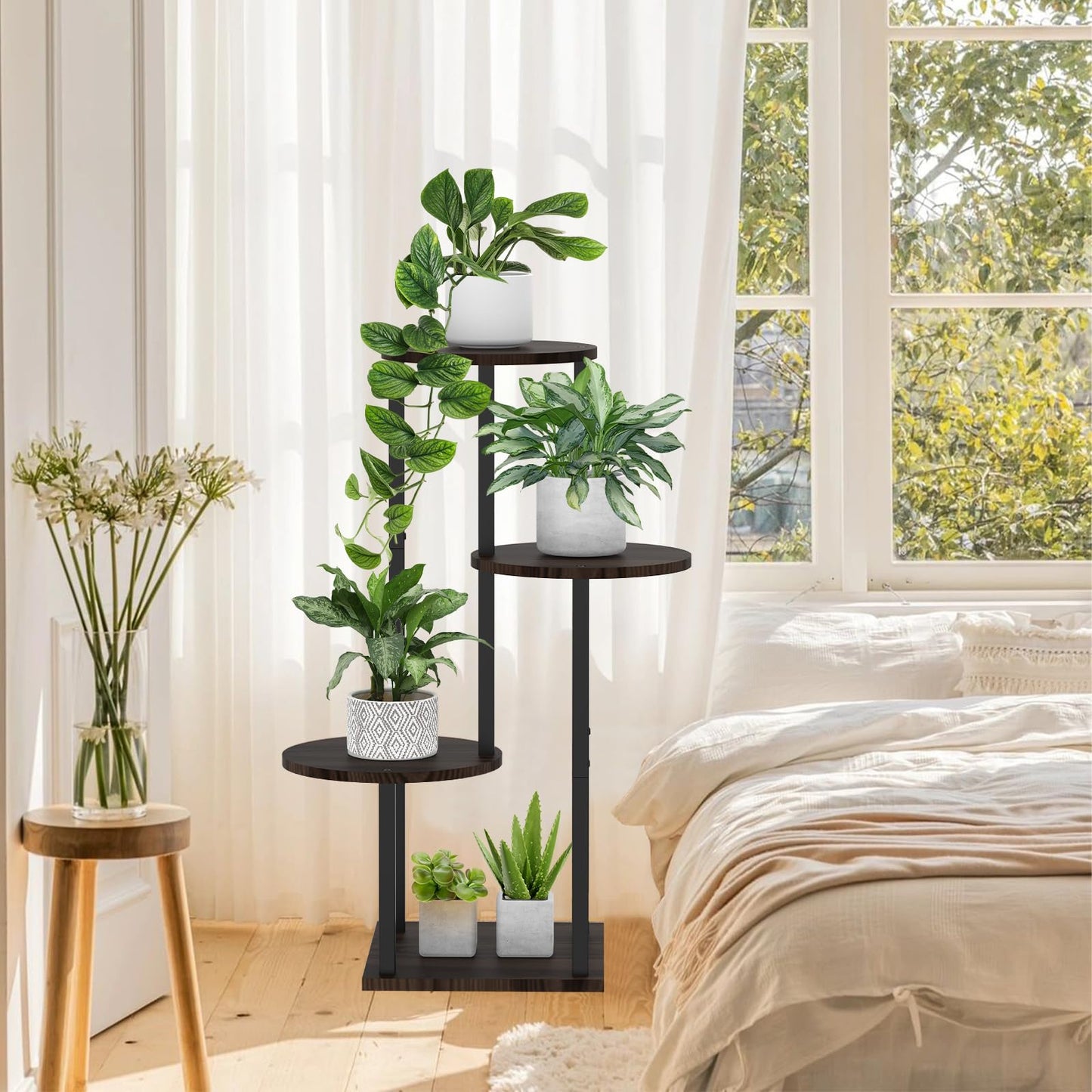 SMFANLIN 4 Tier Plant Stand Indoor, Metal Wooden Tall Plant Shelf Flower Pot Stand for Multiple Plants, Corner Flower Holder Plant Display Rack for Living Room Balcony Patio Garden (Black)