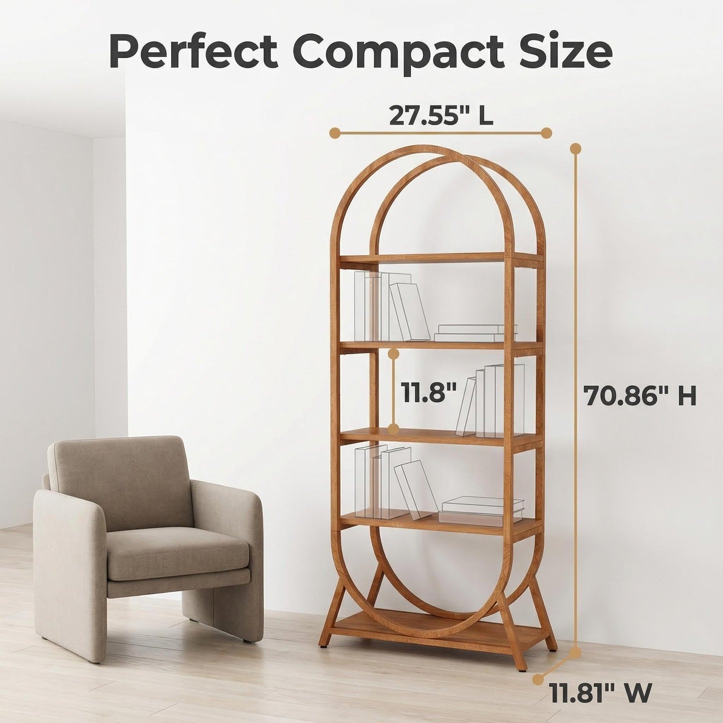 Arvolia 5-Tier Arched Bookshelf, Tall Wooden Open Shelf for Home
