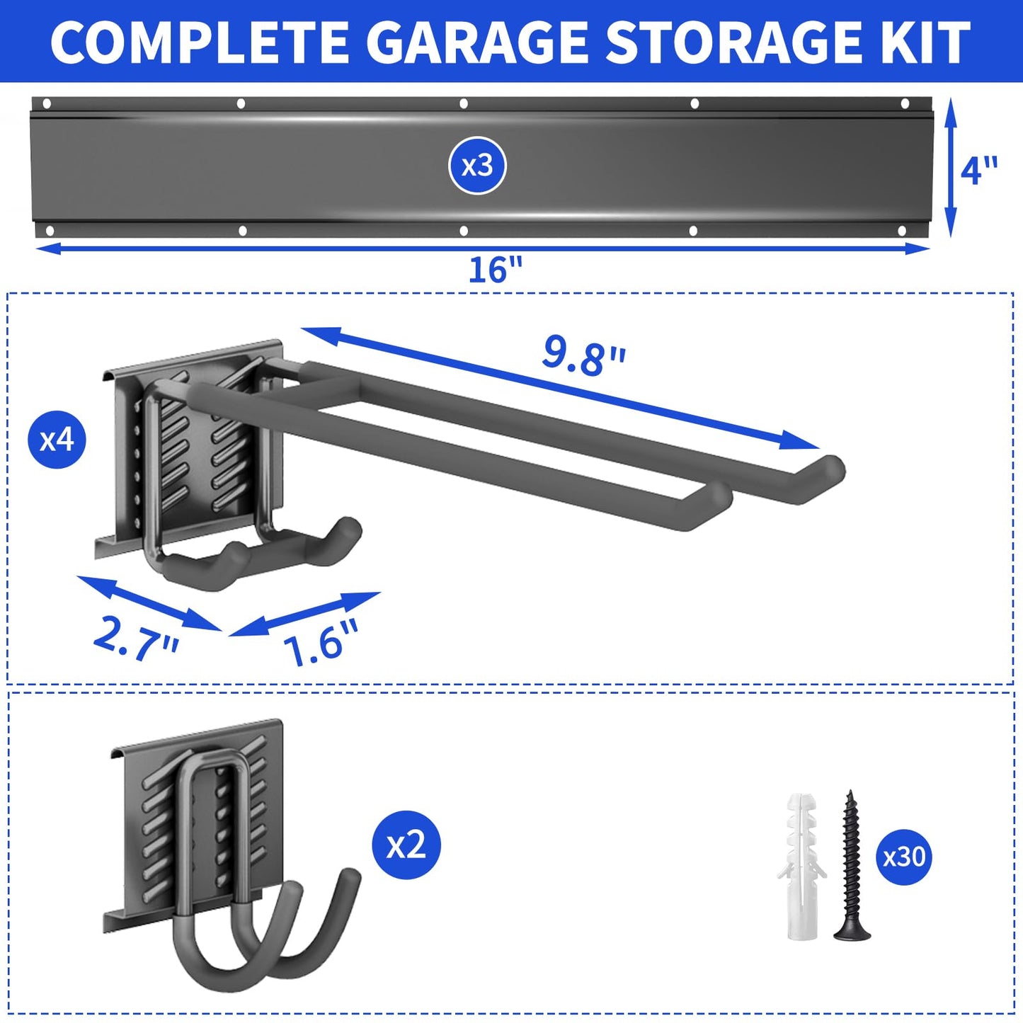 CRXCRC Garage Wall Organizer Wall Mount, 48inch Heavy Duty Garden Tool organizer Storage System, Easy Install With 6 Adjustable Hooks, For Garage, Basement, Shed, Workshop(Black)