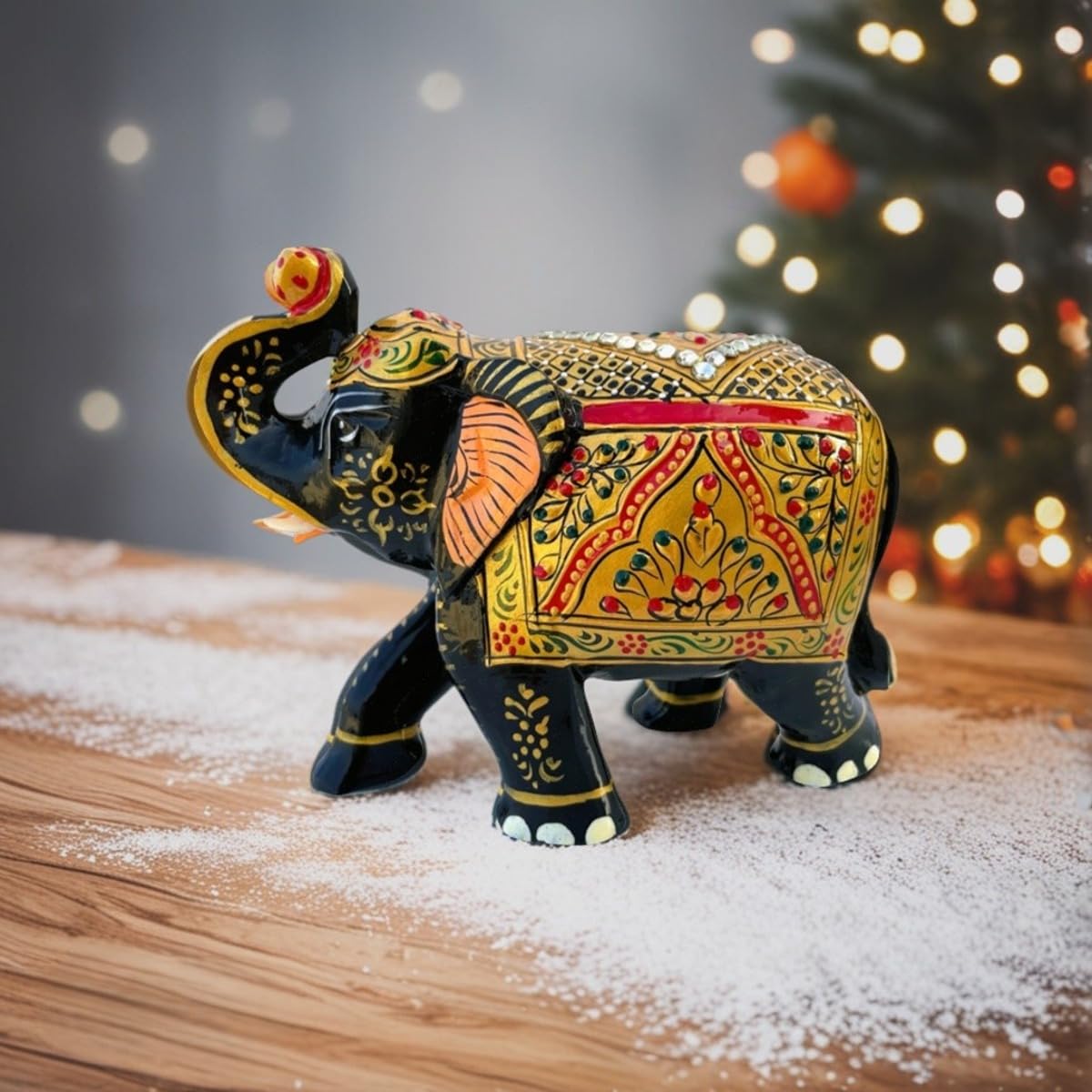 Handcrafted Wooden Elephant Figurine β Traditional Artwork, Gold & Gemstone Embellishments β Lucky Decorative Elephant Statue for Prosperity | Beautiful Elefantes Decorativos para Sala (Black & Gold)