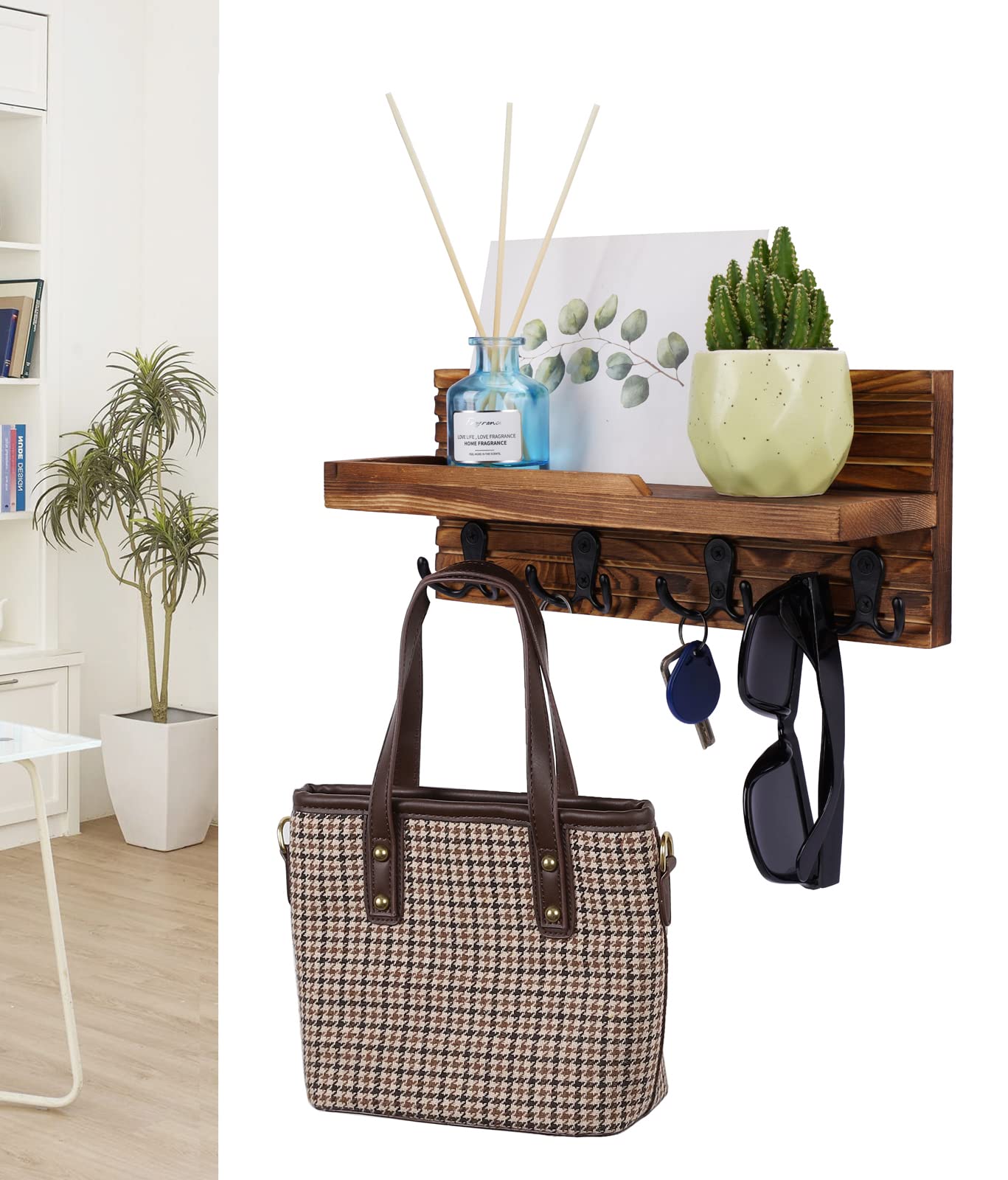 WeBravery Decorative Key Hanging Rack with 4 Double Hooks – Easy Install Natural Wooden Key and Mail Holder for Wall Mount – Entryway Decor Rack with Shelf (Brown)