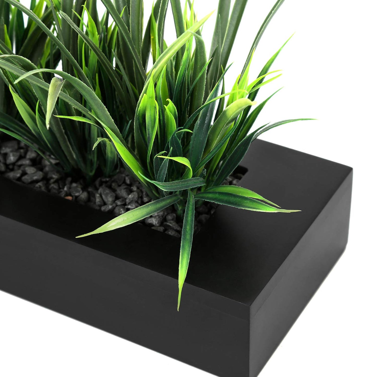 MyGift Artificial Green Grass Plants Potted in 9-inch Matte Black Wood Decorative Planter, Tabletop Faux Greenery in Wooden Rectangular Pot Centerpiece Décor