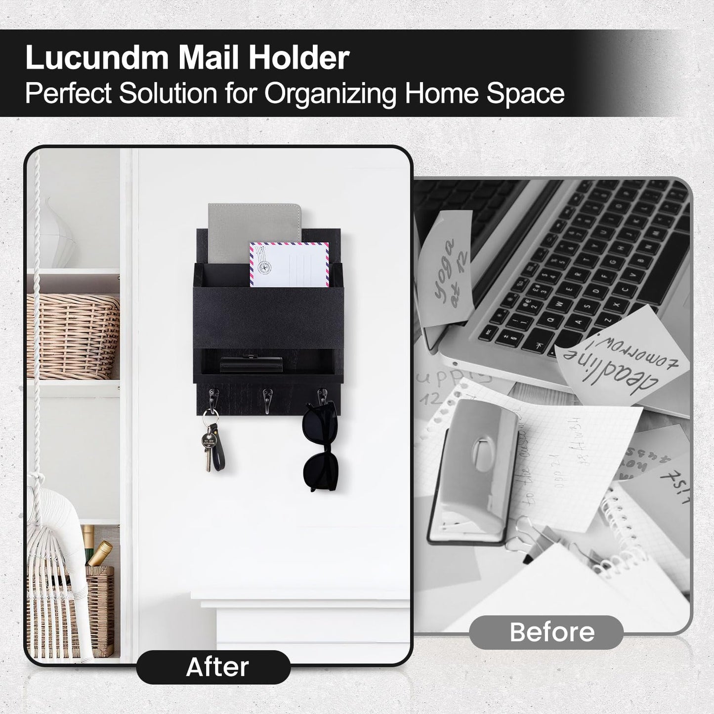 Lucundm Key and Mail Holder for Wall, Key Holder with Chalkboard and Long Storage Box, Key Hanger with 3 Sturdy Hooks for Coat, Dog Leash, Entryway Mail Organizer (Black)