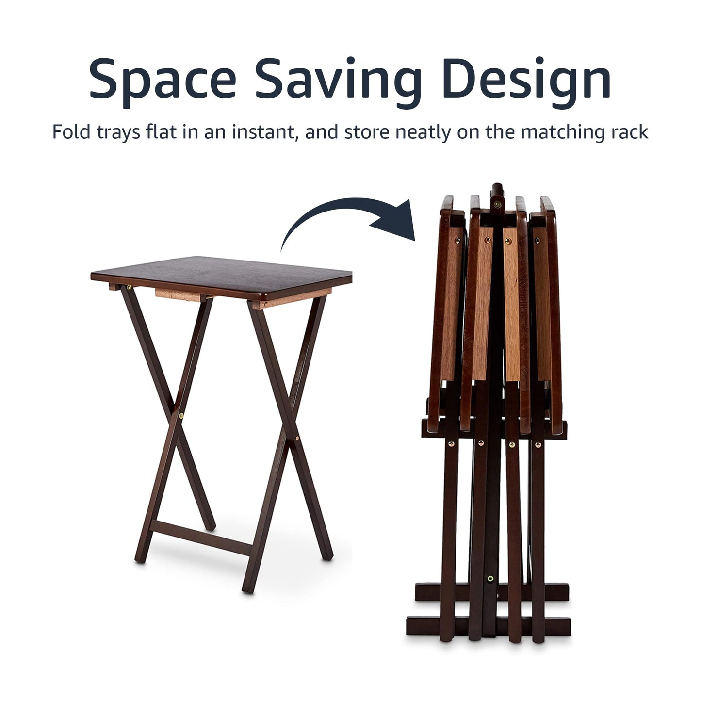 Amazon Basics Portable Foldable TV Tray Table with Storage Rack, Space-Saving Design, Sturdy Wood, 14.6"L x 19"W x 26"H, Espresso, 4-Pack