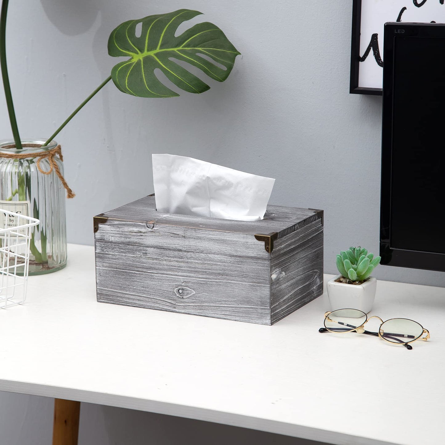 Distressed Wooden Rustic Tissue Box Holder Tissue Box Cover Napkin Dispenser for Bathroom Living Room Dining Room Bedroom Toilet (Grey White)