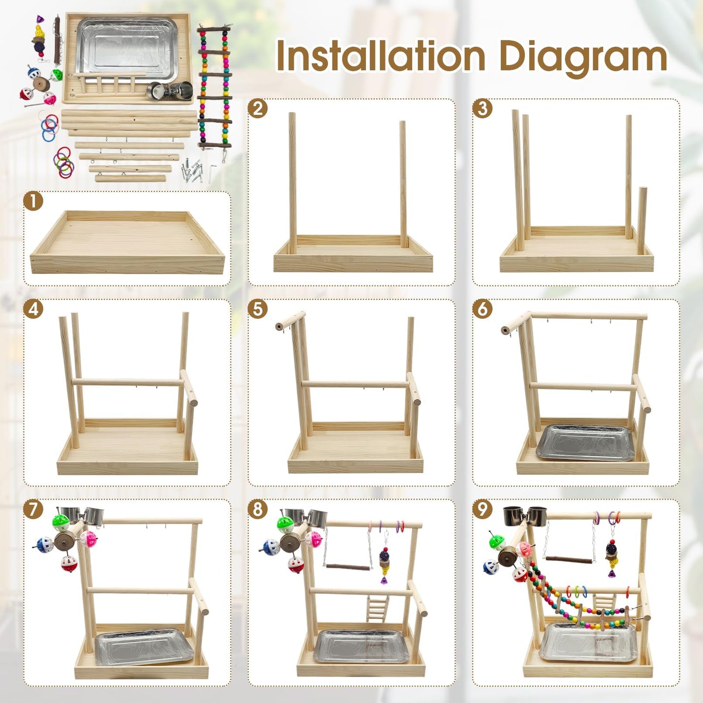 PINVNBY Bird Playground Parrot Playstand Play Gym Cockatiel Wood Bird Toys Birds Cage Accessories Playpen Ladder with Feeder Cups Hanging Swing Toys for Parakeet Conure Lovebird Cockatiel